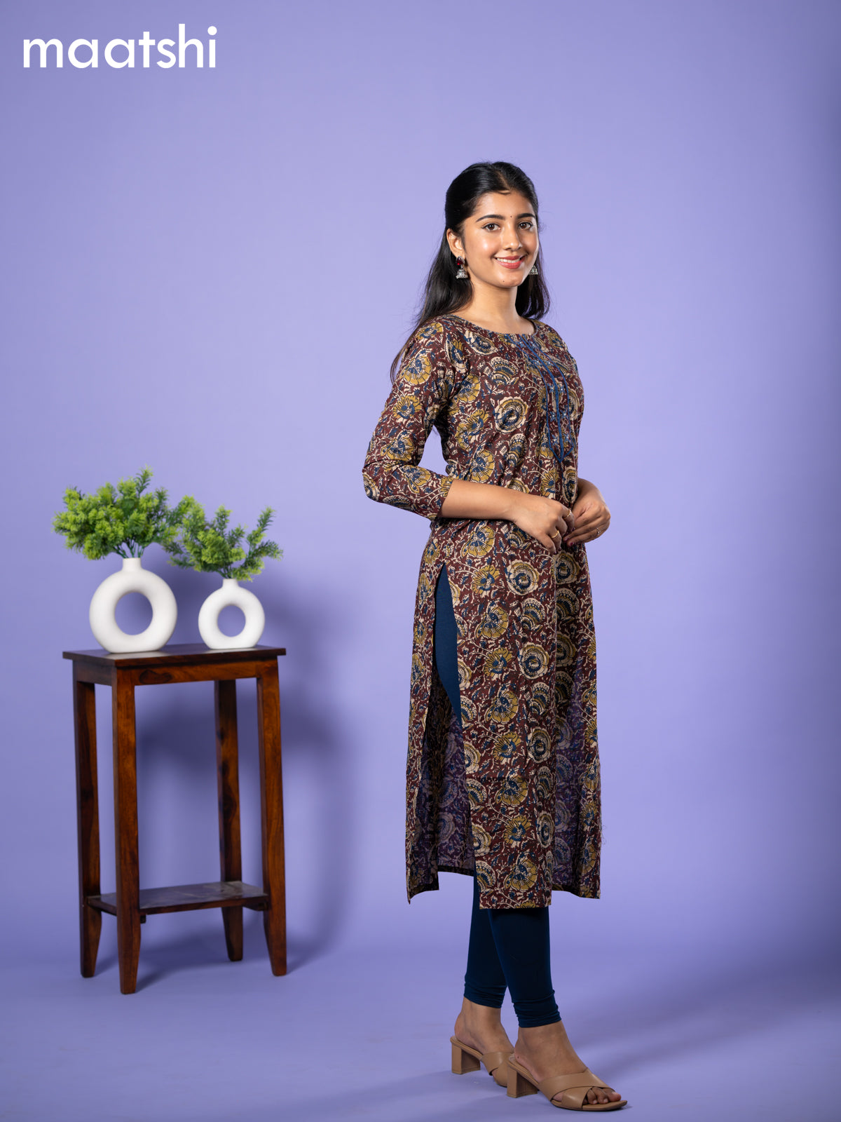 Cotton kurti deep maroon and blue with allover kalamkari prints & simple neck pattern and without pant