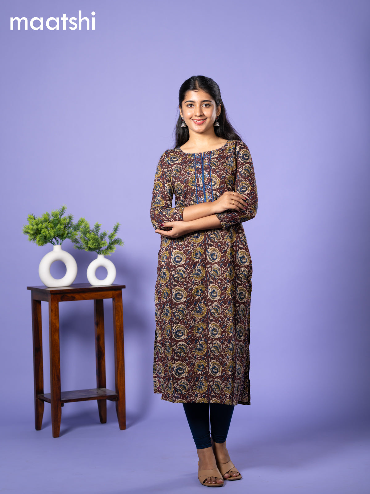 Cotton kurti deep maroon and blue with allover kalamkari prints & simple neck pattern and without pant