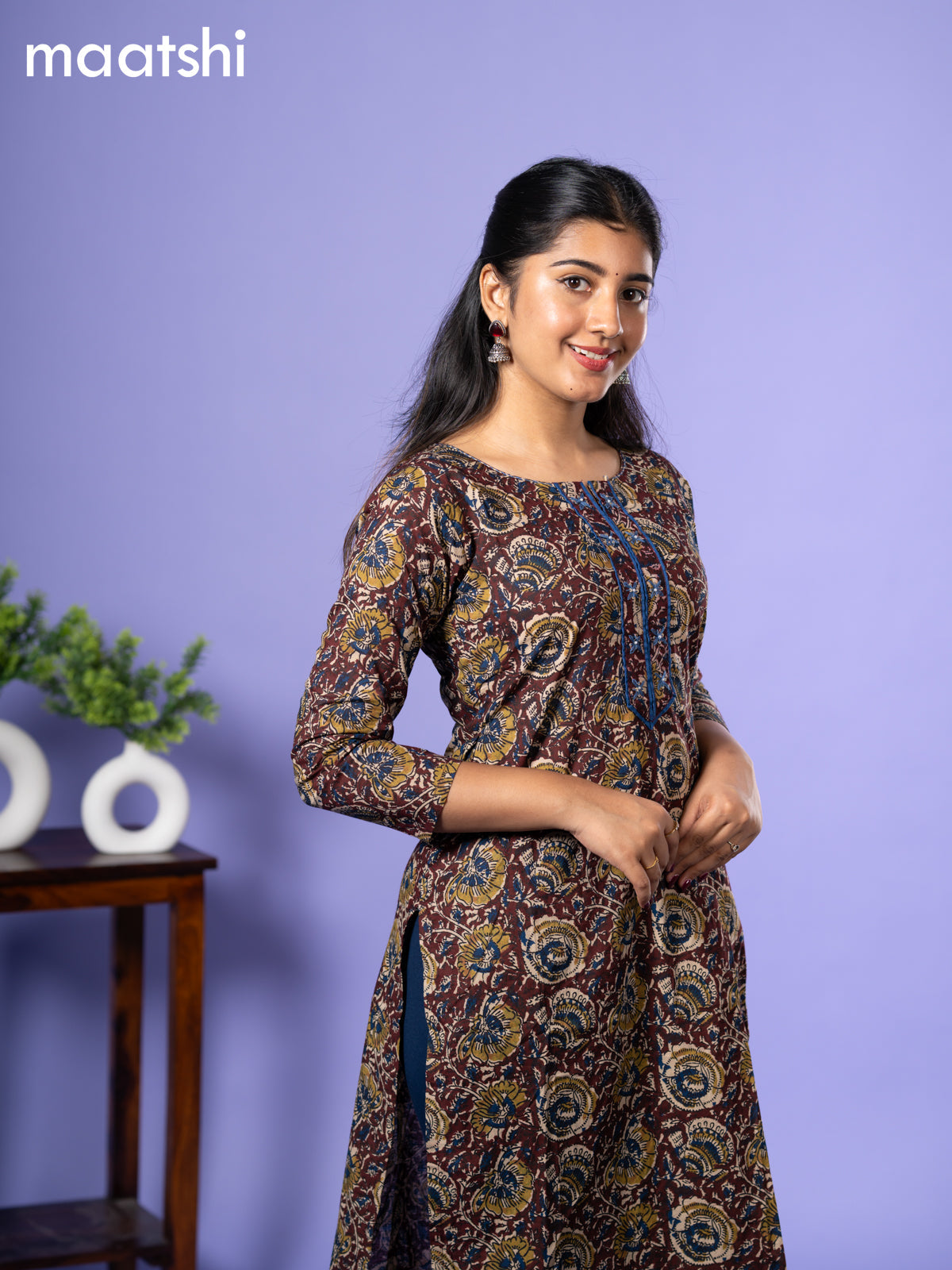 Cotton kurti deep maroon and blue with allover kalamkari prints & simple neck pattern and without pant