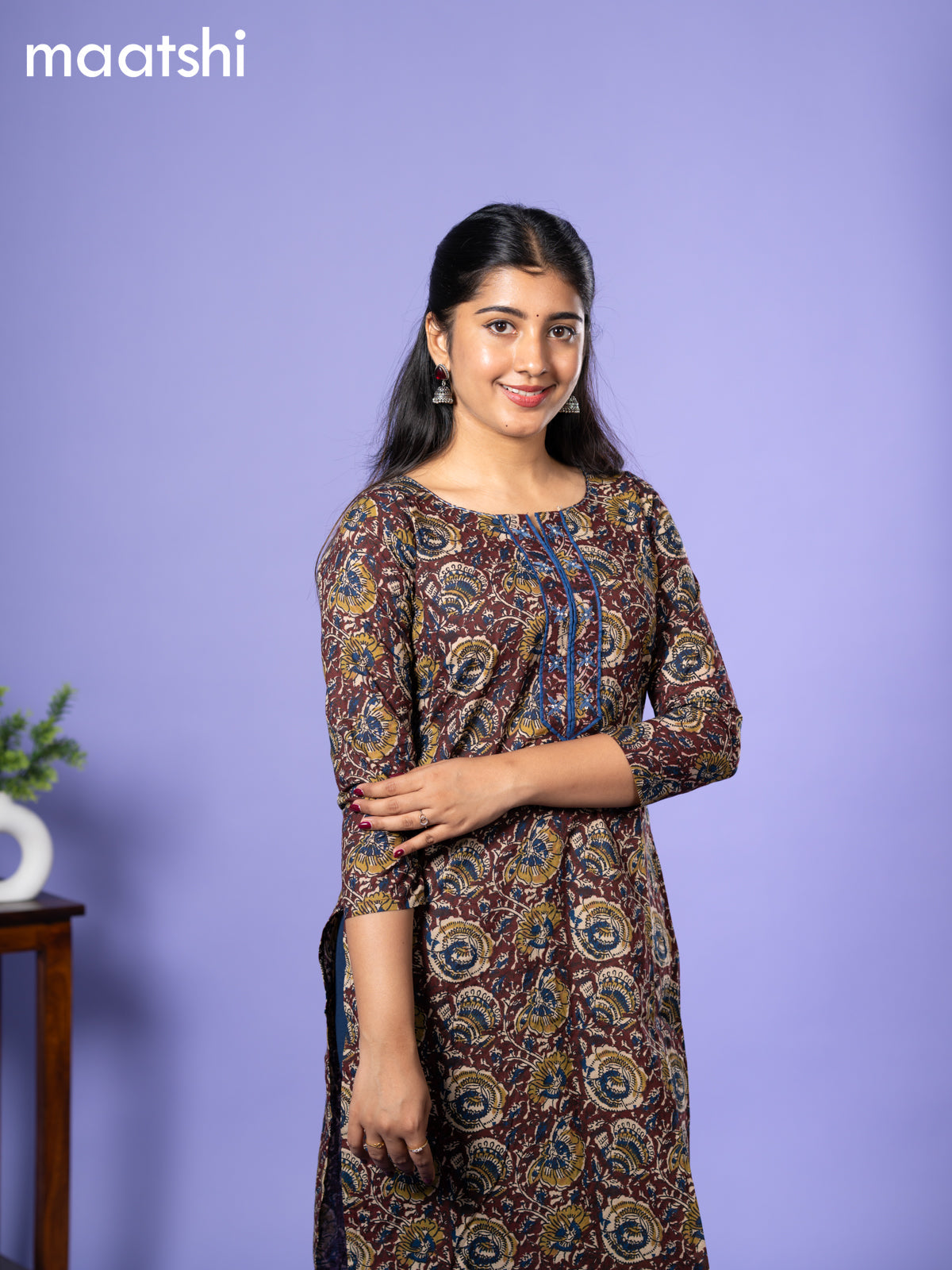 Cotton kurti deep maroon and blue with allover kalamkari prints & simple neck pattern and without pant