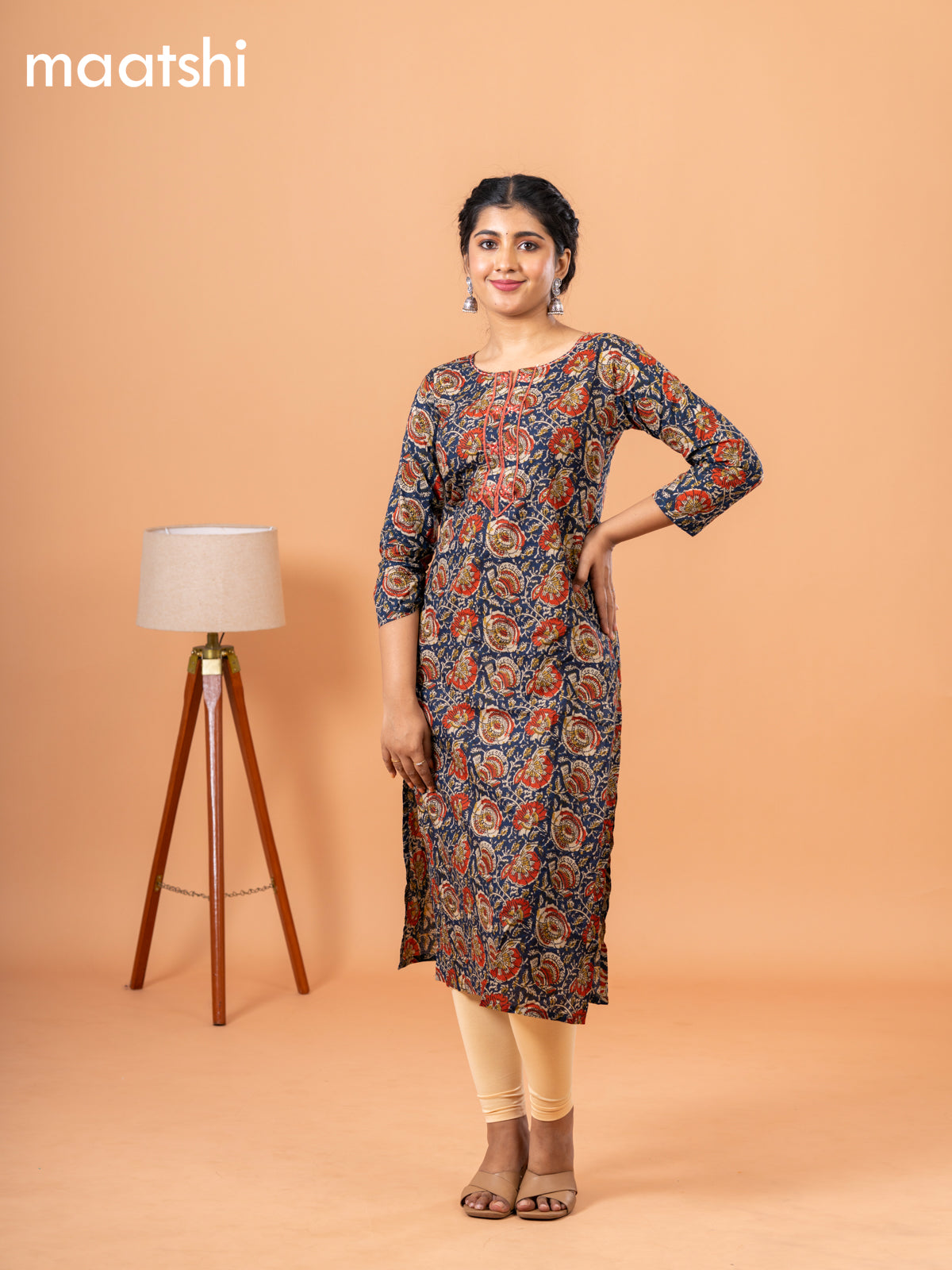 Cotton kurti dark blue and maroon with kalamkari prints & embriodery sequin work neck pattern and without pant