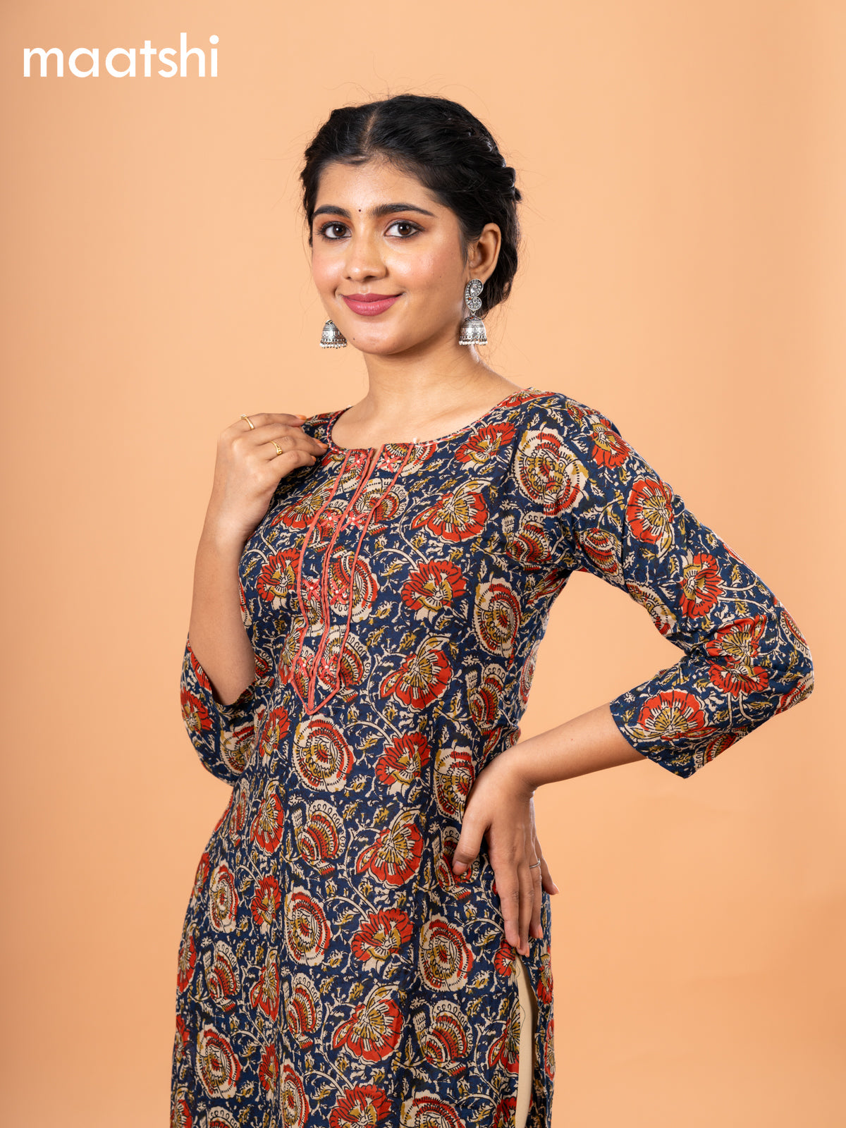 Cotton kurti dark blue and maroon with kalamkari prints & embriodery sequin work neck pattern and without pant