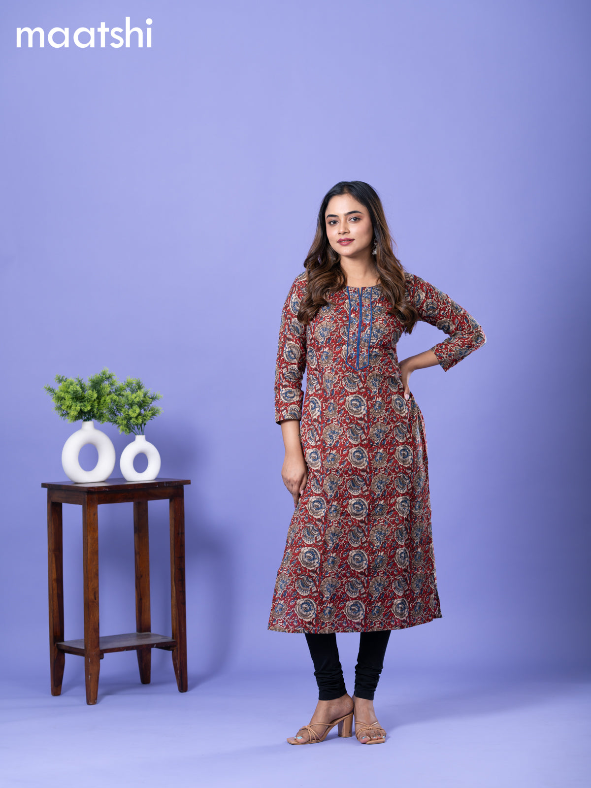 Cotton kurti maroon and blue with allover kalamkari prints & simple neck pattern and without pant
