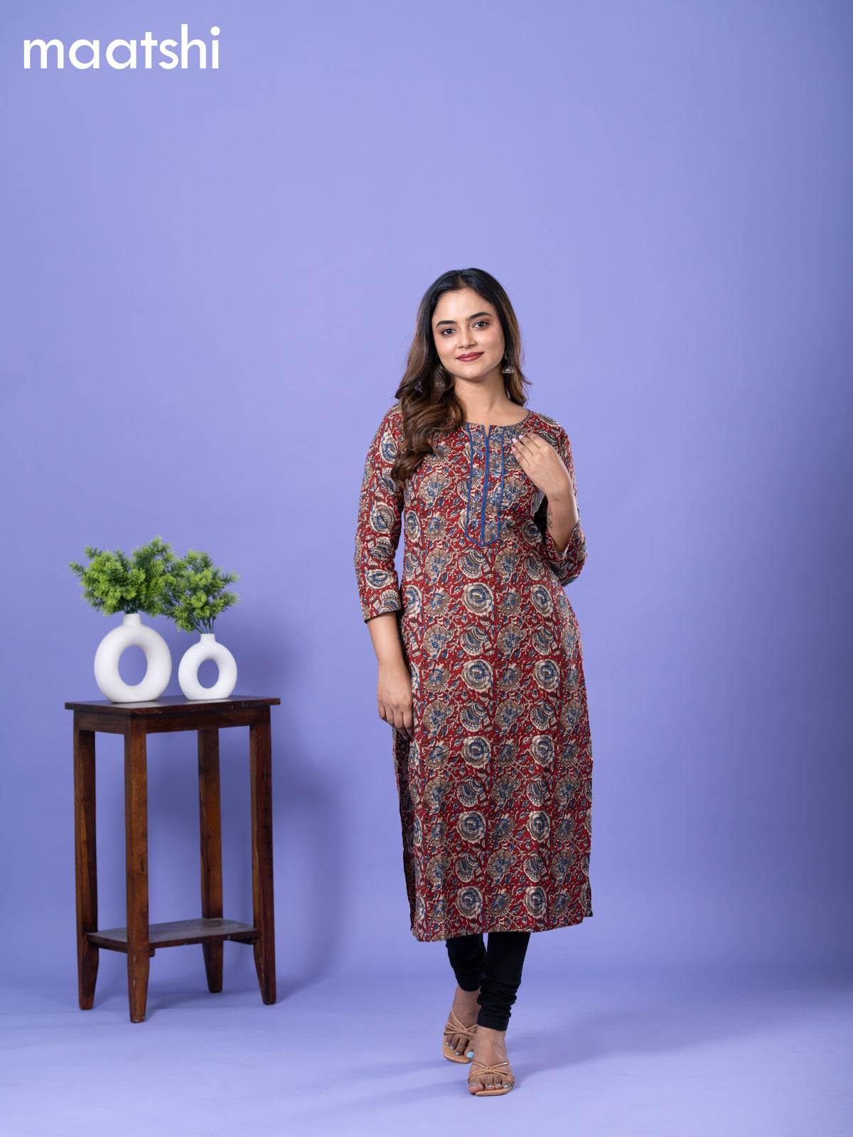 Cotton kurti maroon and blue with allover kalamkari prints & simple neck pattern and without pant