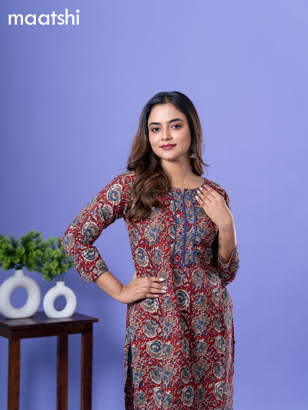Cotton kurti maroon and blue with allover kalamkari prints & simple neck pattern and without pant