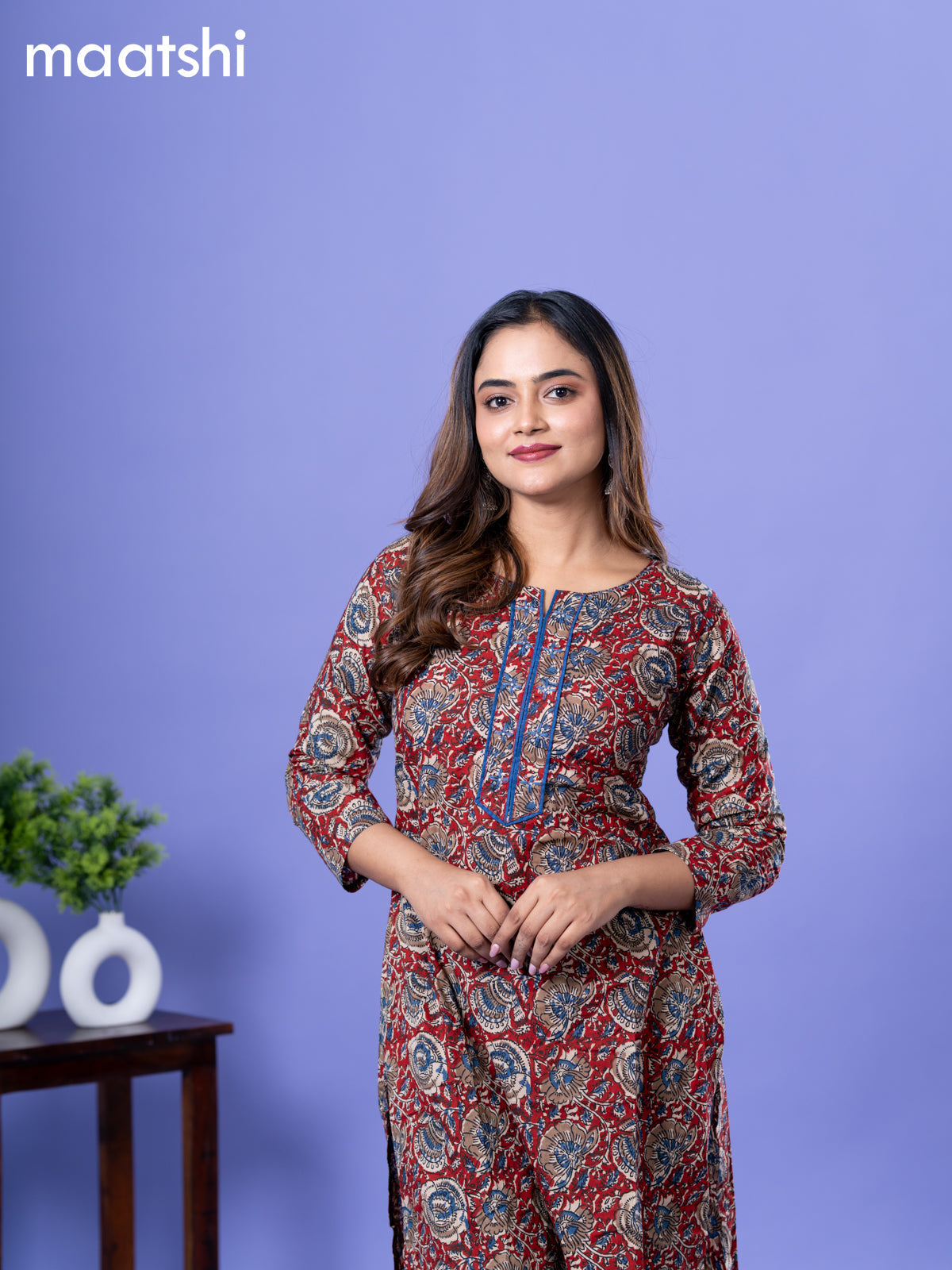 Cotton kurti maroon and blue with allover kalamkari prints & simple neck pattern and without pant