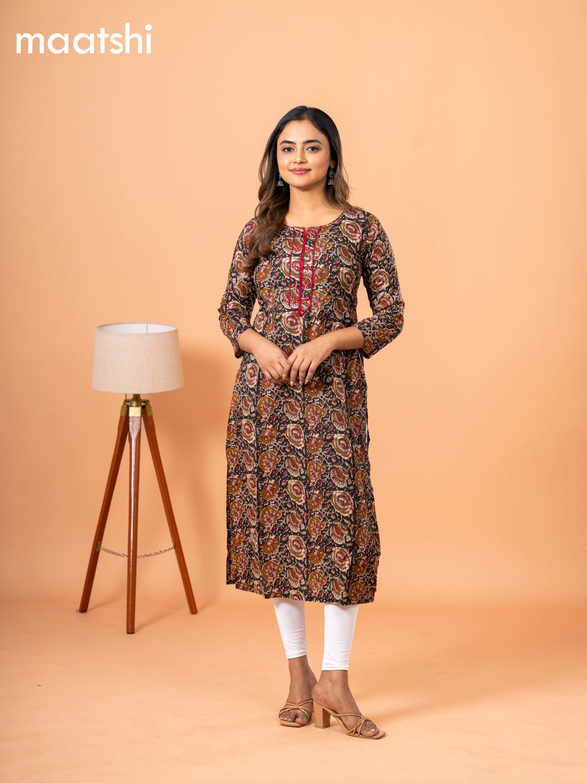 Cotton readymade kurti black with kalamkari prints & embriodery sequin work neck pattern and without pant
