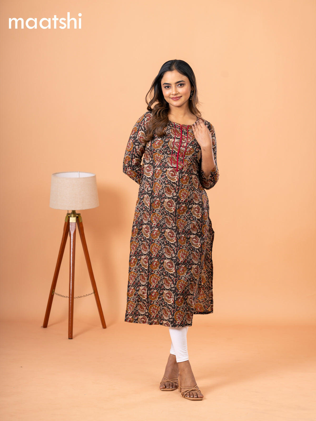Cotton readymade kurti black with kalamkari prints & embriodery sequin work neck pattern and without pant