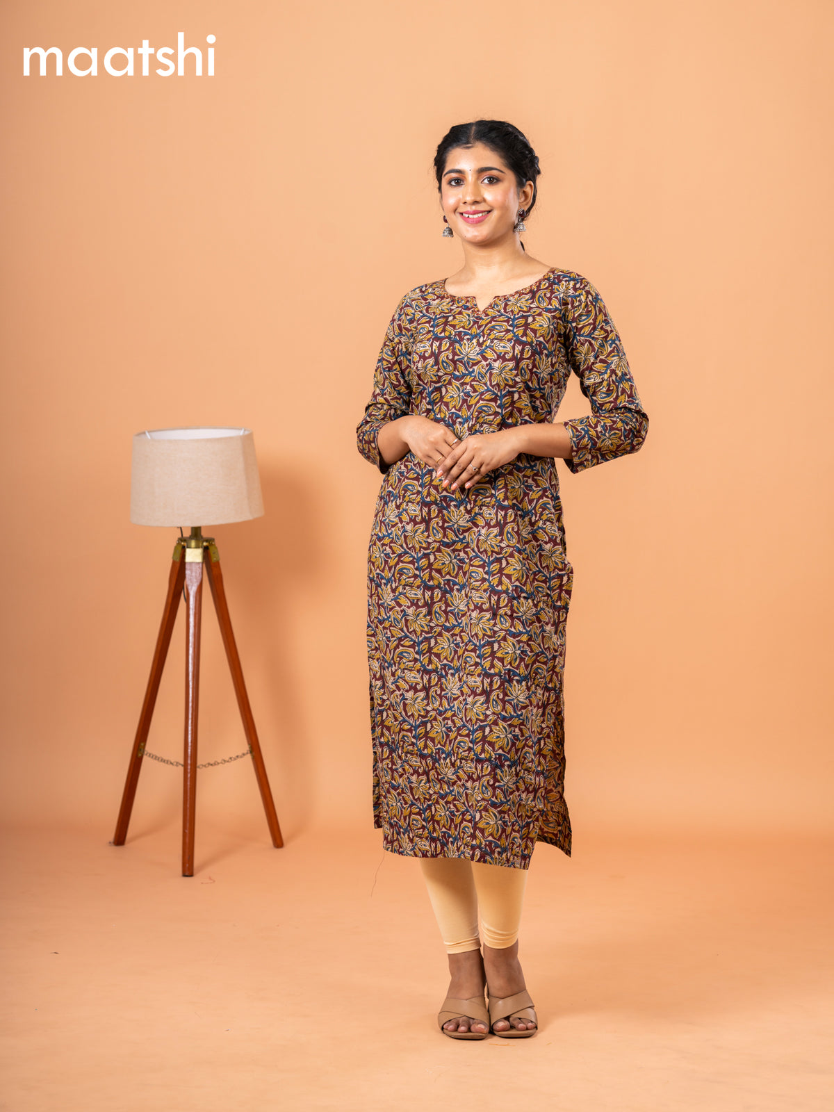 Cotton readymade kurti deep maroon and beige with kalamkari prints & kantha stitch sequin work neck pattern and without pant