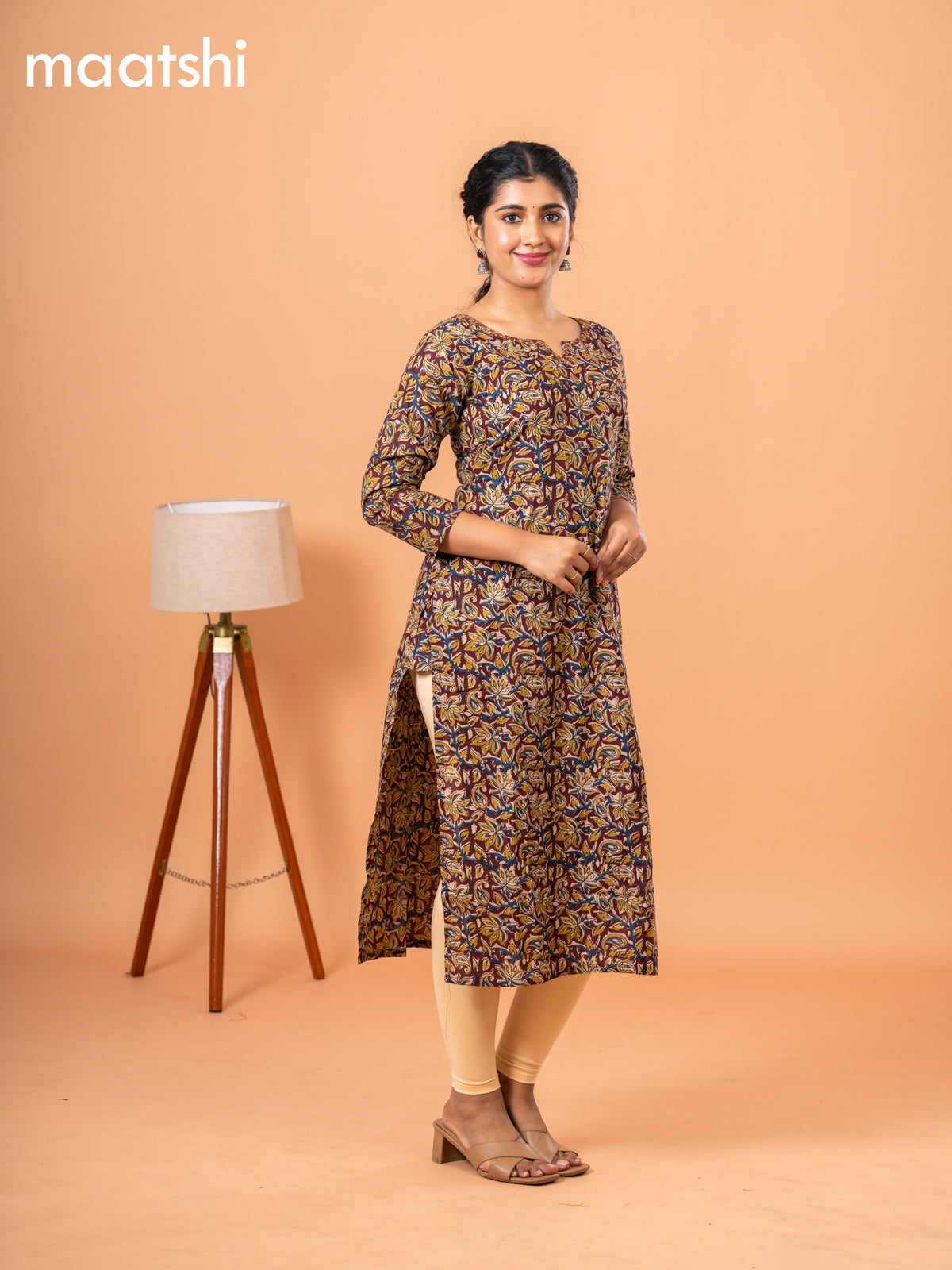 Cotton readymade kurti deep maroon and beige with kalamkari prints & kantha stitch sequin work neck pattern and without pant