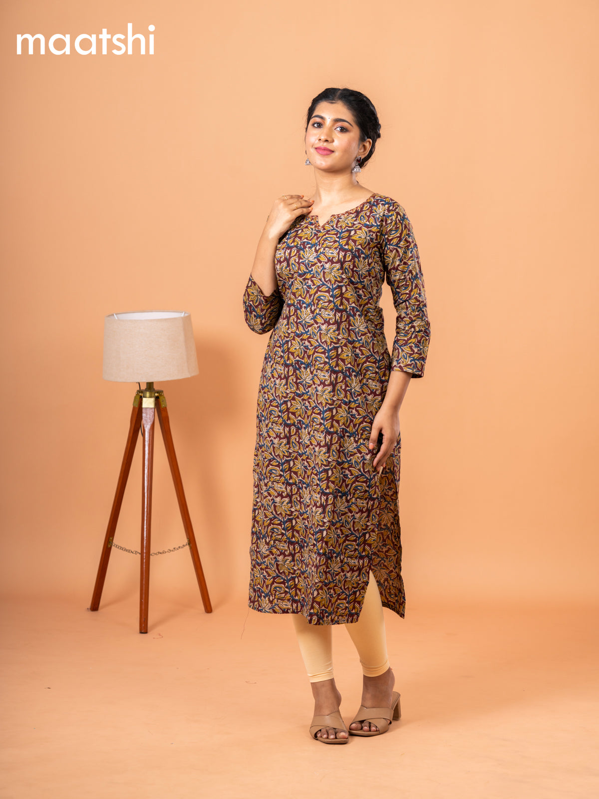 Cotton readymade kurti deep maroon and beige with kalamkari prints & kantha stitch sequin work neck pattern and without pant