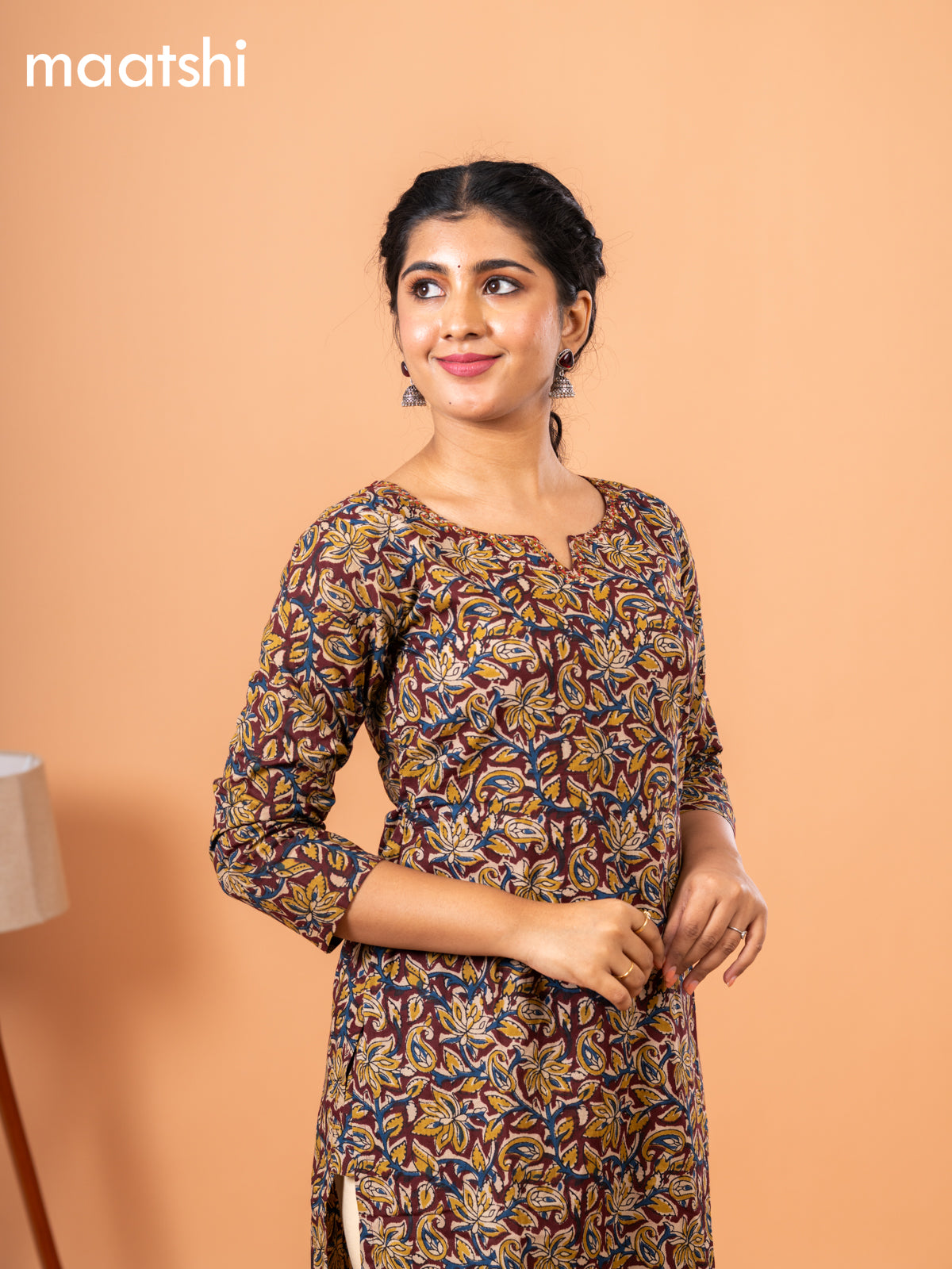 Cotton readymade kurti deep maroon and beige with kalamkari prints & kantha stitch sequin work neck pattern and without pant