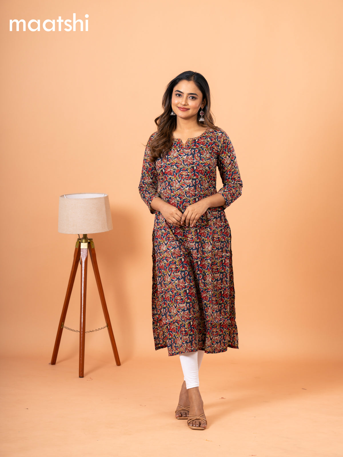 Cotton readymade kurti blue and beige with kalamkari prints & kantha stitch sequin work neck pattern and without pant