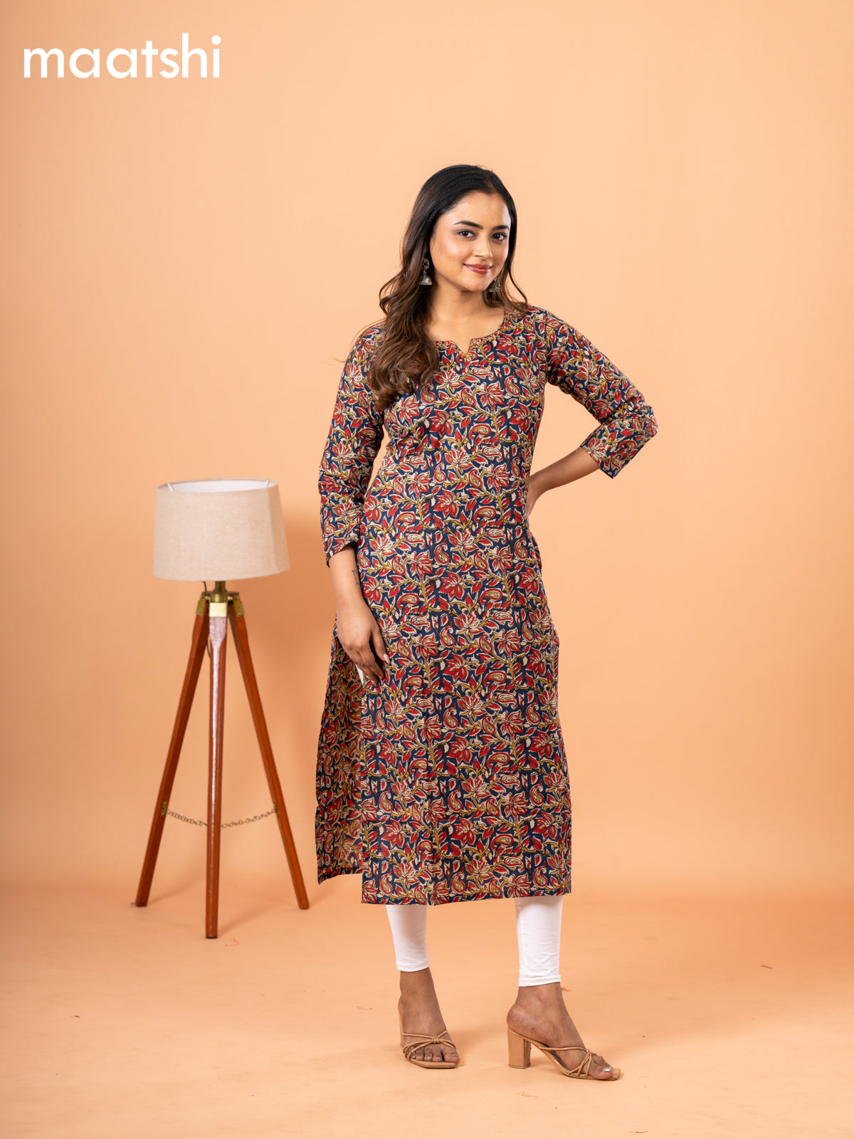 Cotton readymade kurti blue and beige with kalamkari prints & kantha stitch sequin work neck pattern and without pant