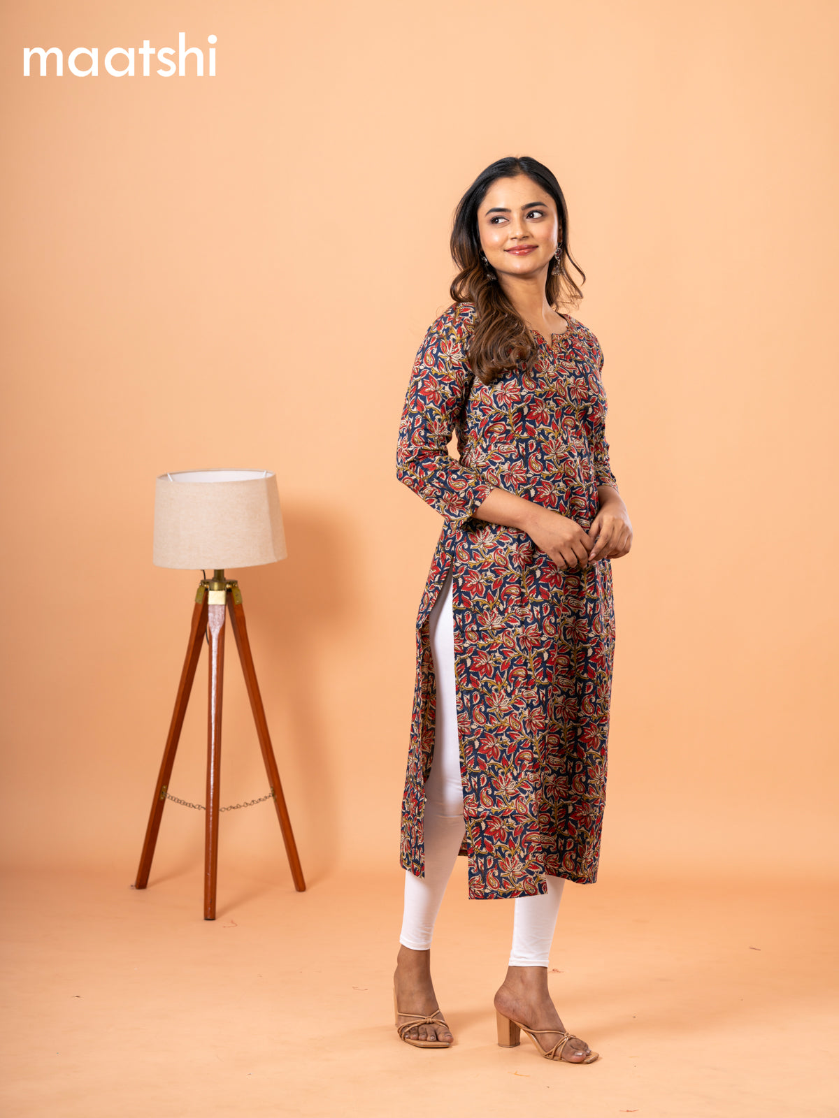 Cotton readymade kurti blue and beige with kalamkari prints & kantha stitch sequin work neck pattern and without pant