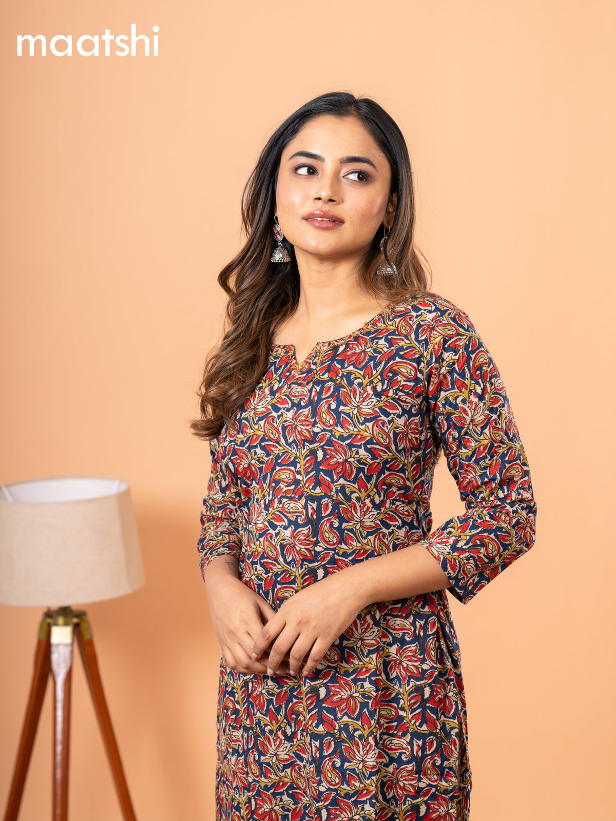 Cotton readymade kurti blue and beige with kalamkari prints & kantha stitch sequin work neck pattern and without pant