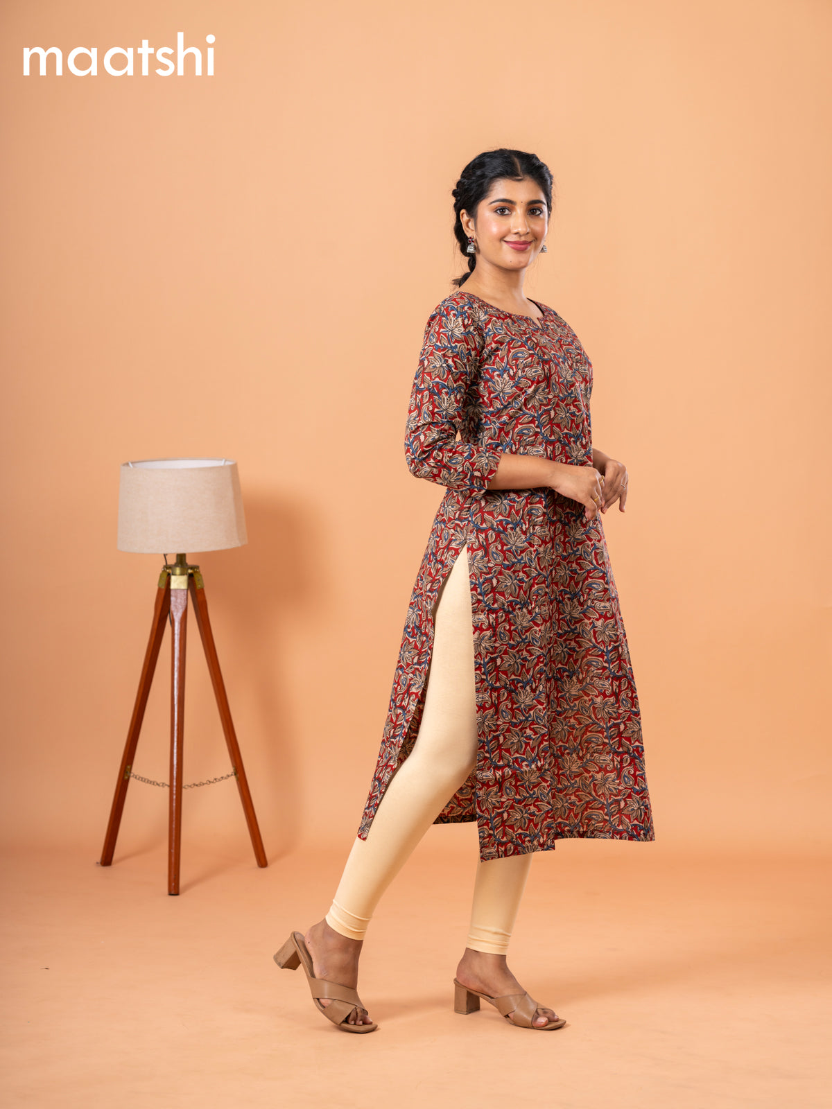 Cotton readymade kurti maroon and beige with kalamkari prints & kantha stitch sequin work neck pattern and without pant