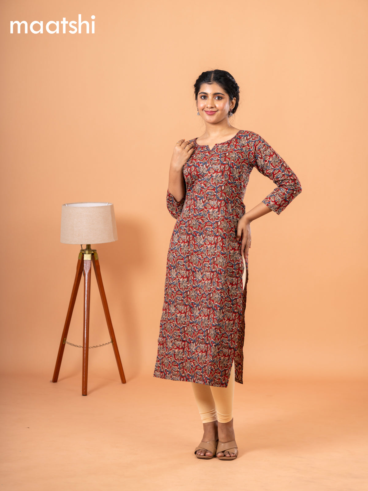 Cotton readymade kurti maroon and beige with kalamkari prints & kantha stitch sequin work neck pattern and without pant