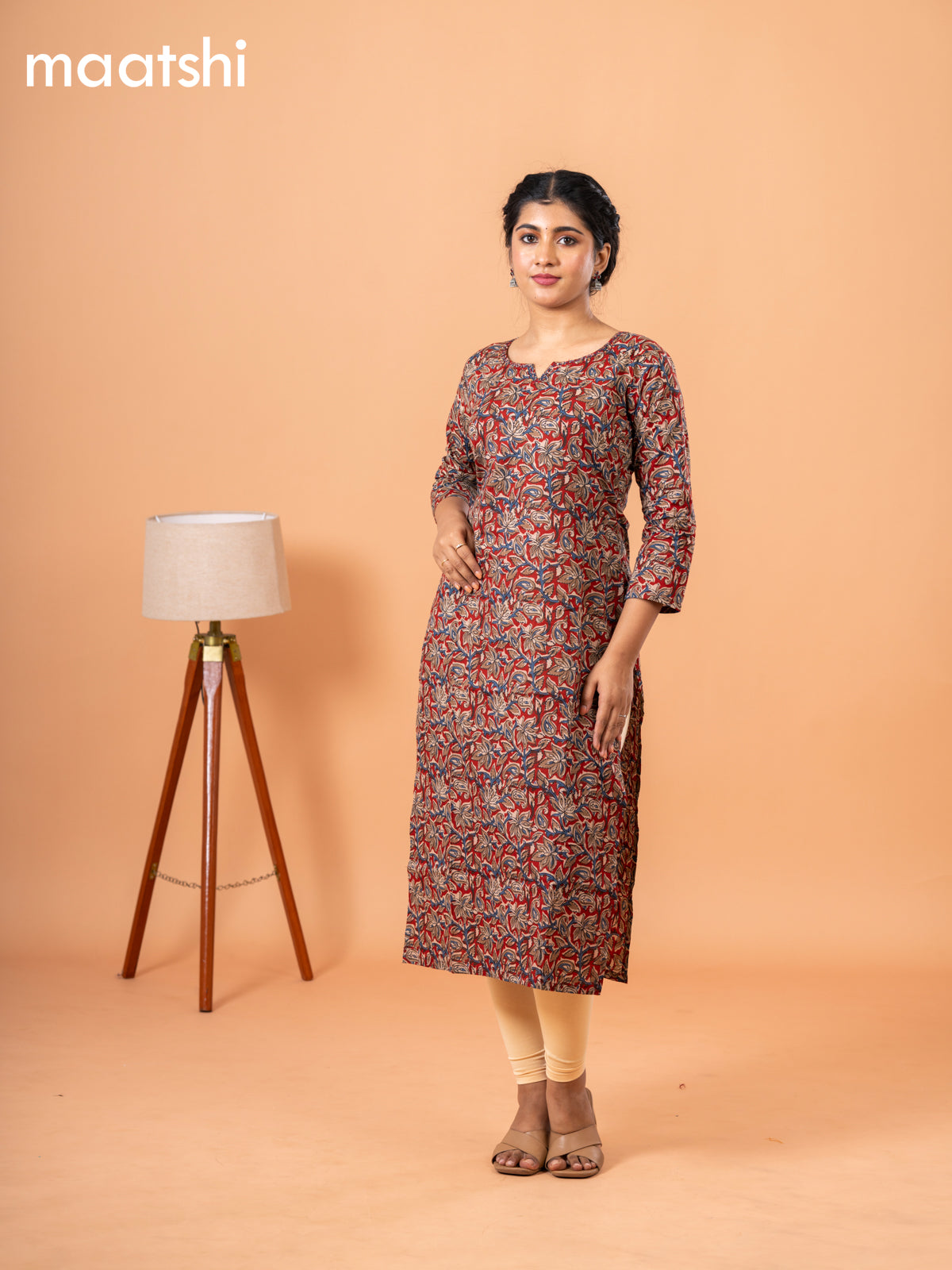 Cotton readymade kurti maroon and beige with kalamkari prints & kantha stitch sequin work neck pattern and without pant