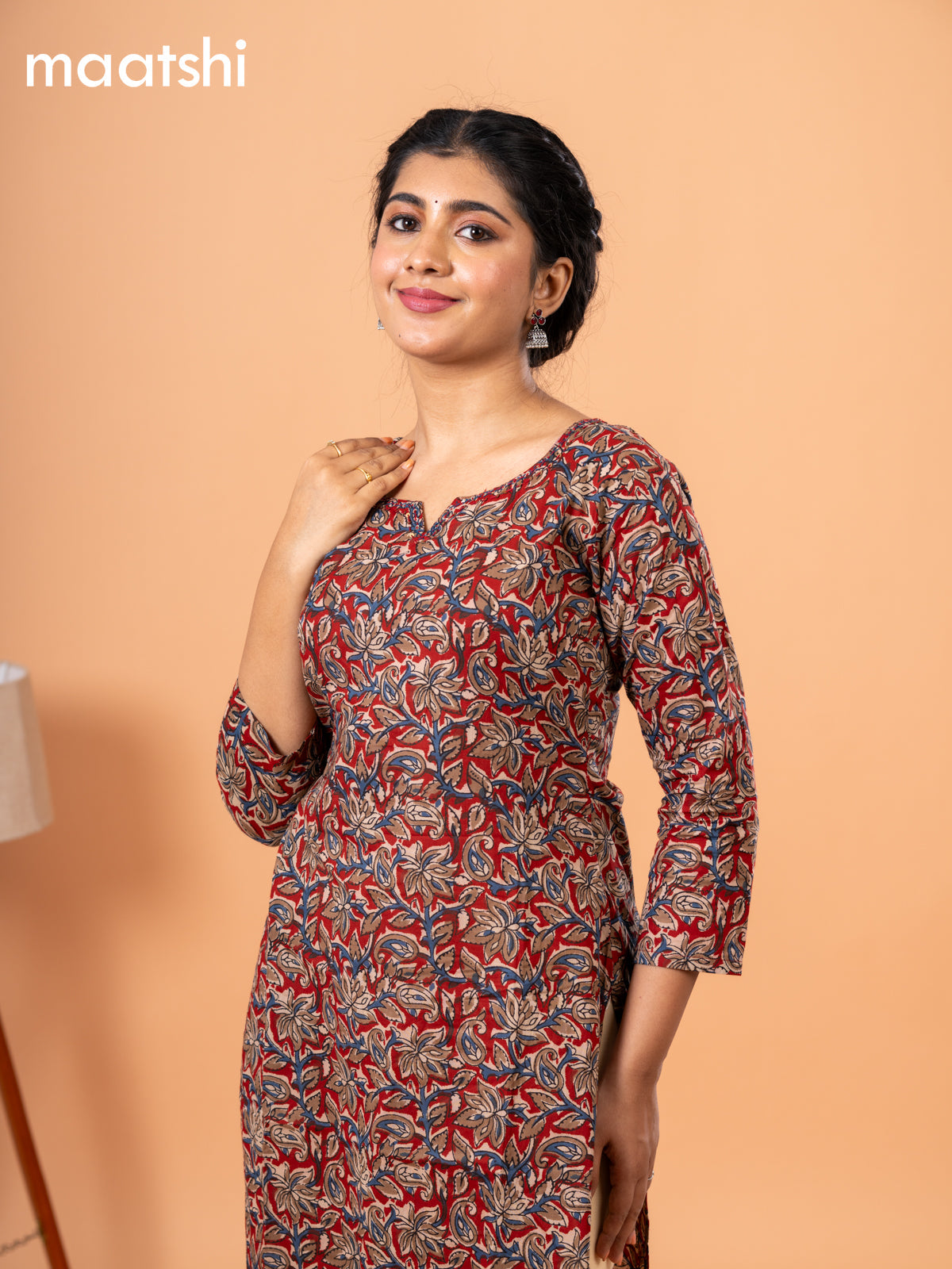 Cotton readymade kurti maroon and beige with kalamkari prints & kantha stitch sequin work neck pattern and without pant