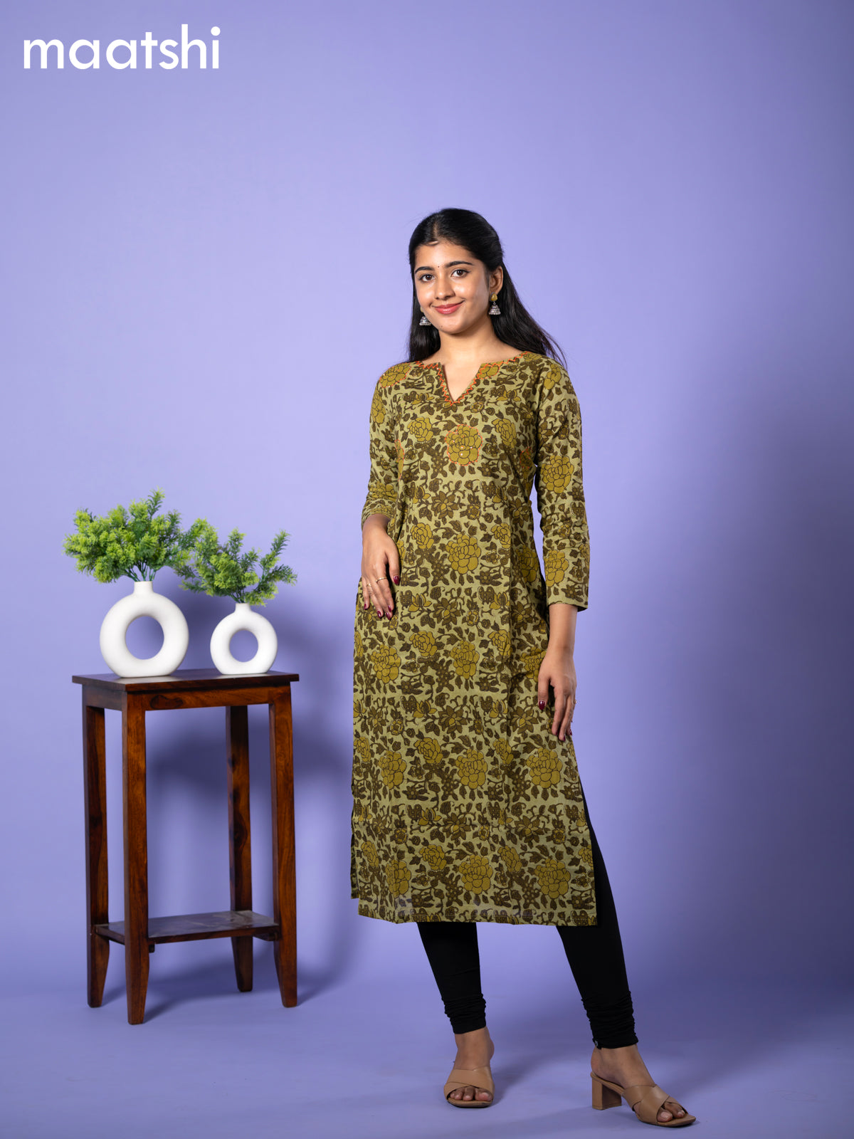 Cotton readymade kurti sap green with allover floral prints & kantha work and without pant
