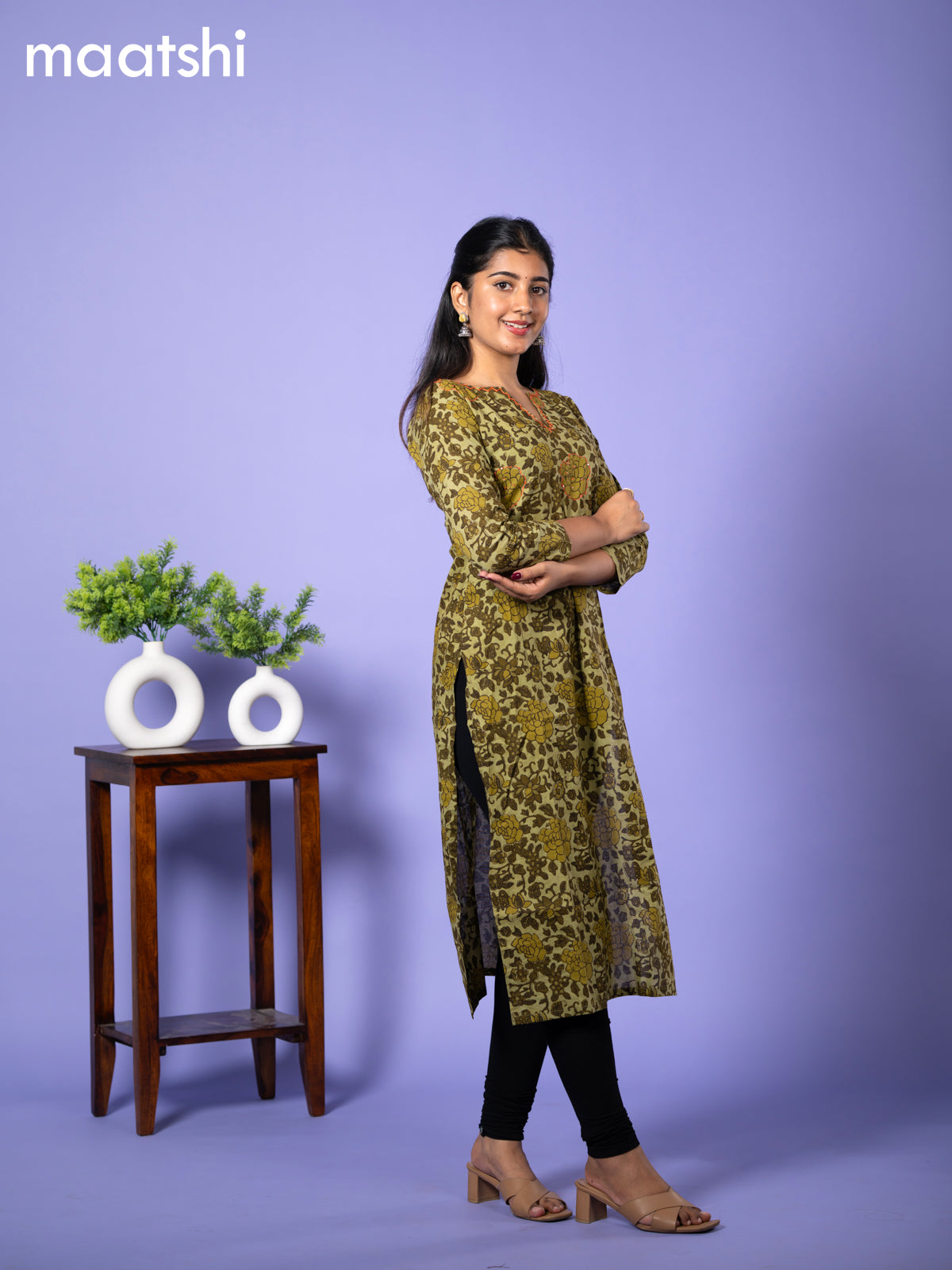 Cotton readymade kurti sap green with allover floral prints & kantha work and without pant