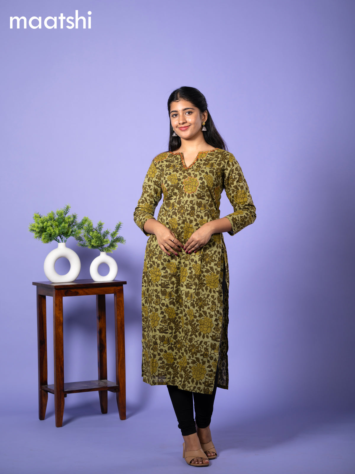 Cotton readymade kurti sap green with allover floral prints & kantha work and without pant