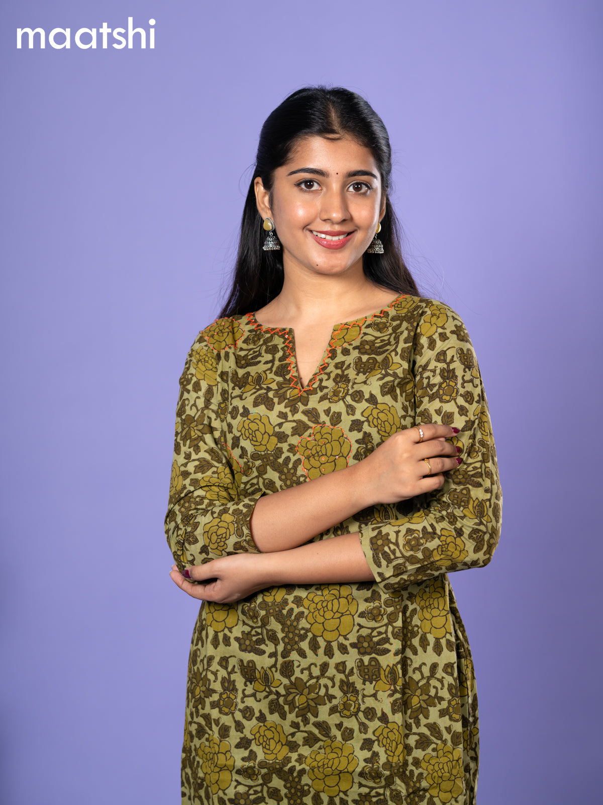 Cotton readymade kurti sap green with allover floral prints & kantha work and without pant