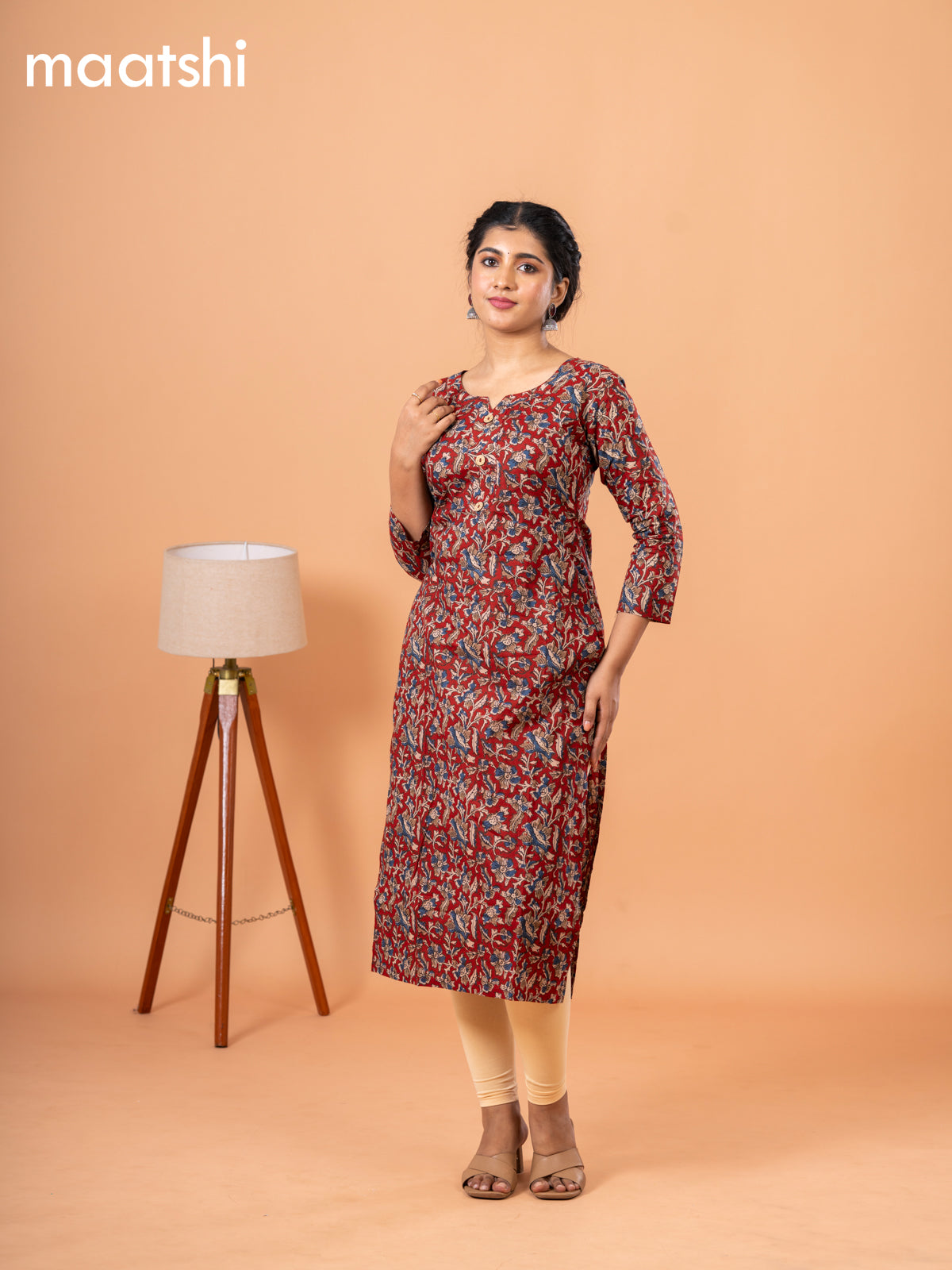 Cotton readymade kurti maroon with kalamkari prints & simple neck pattern and without pant