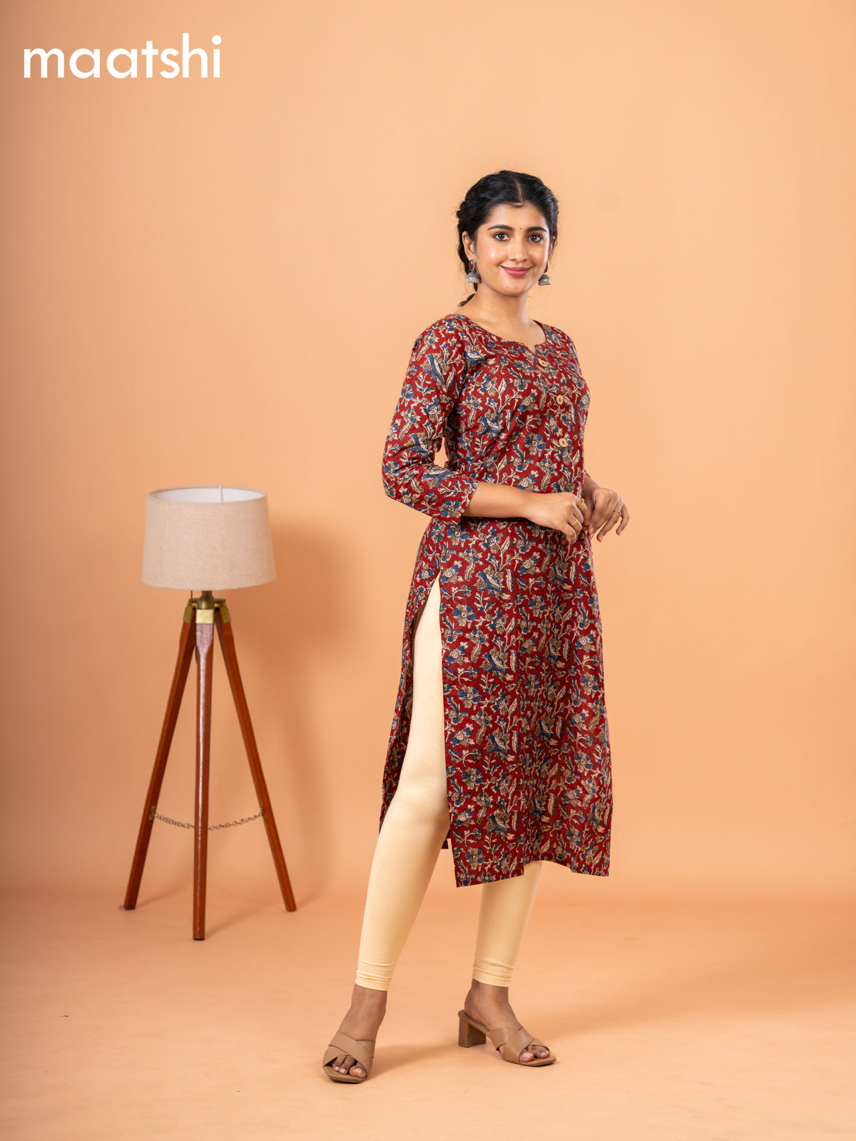 Cotton readymade kurti maroon with kalamkari prints & simple neck pattern and without pant