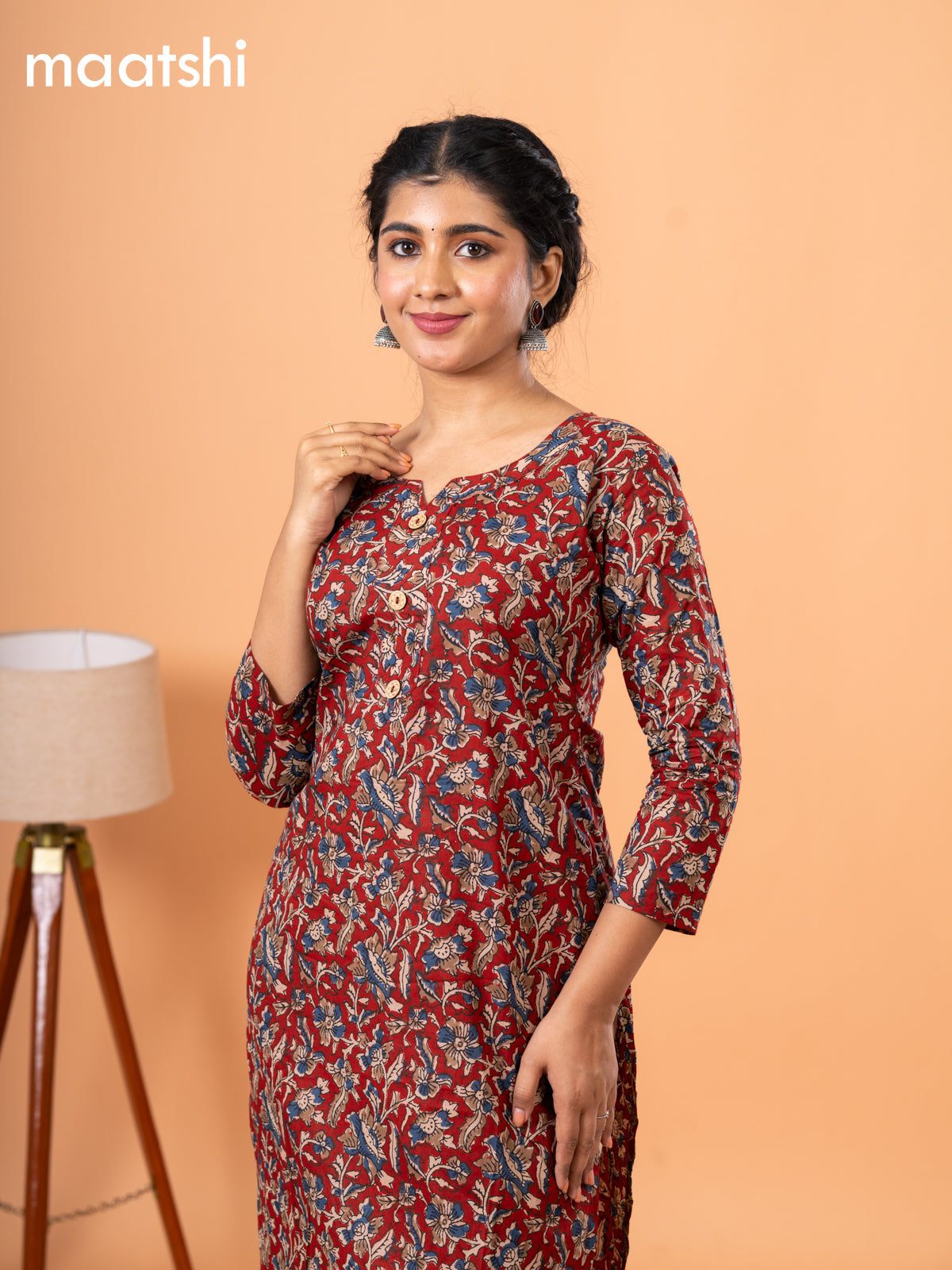 Cotton readymade kurti maroon with kalamkari prints & simple neck pattern and without pant