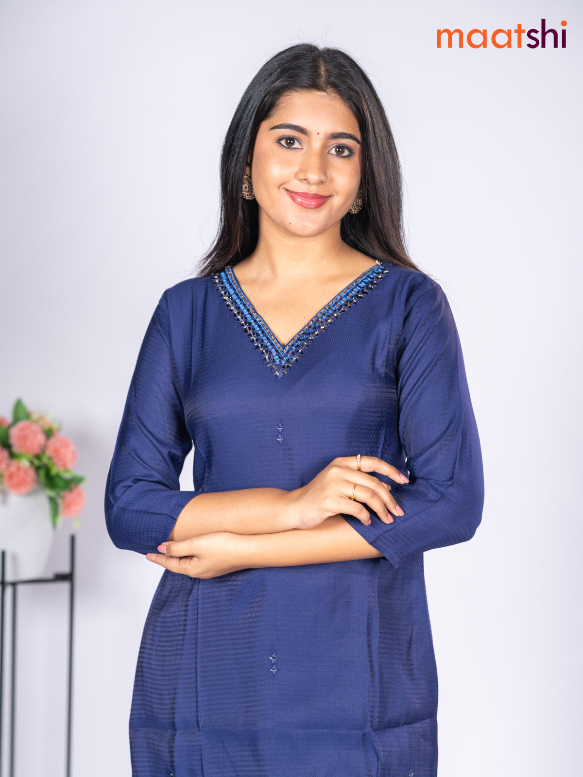 Rayon short kurti navy blue with mirror embroidery work v neck pattern without pant