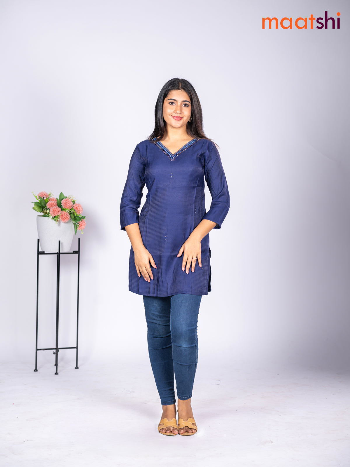 Rayon short kurti navy blue with mirror embroidery work v neck pattern without pant