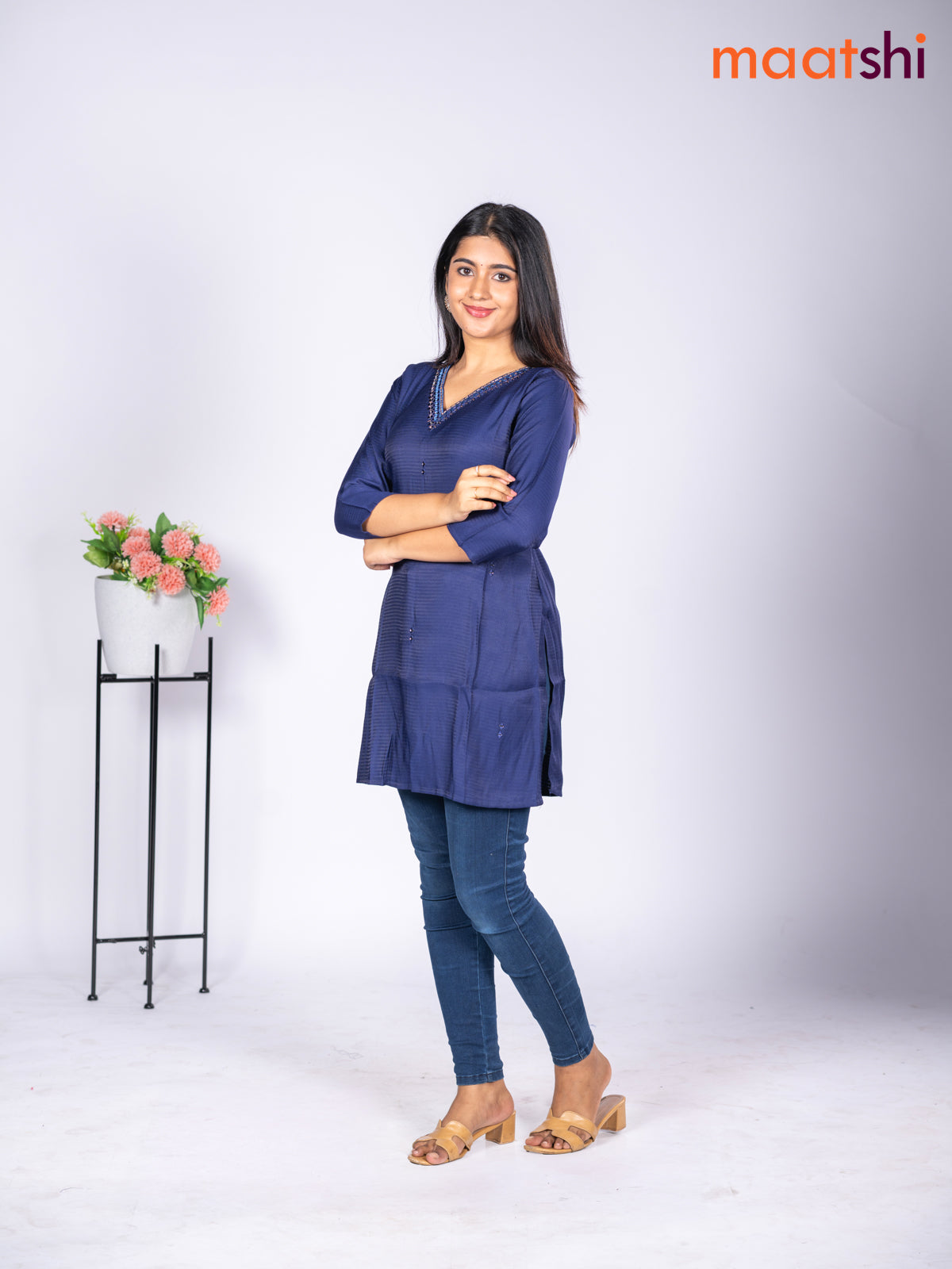 Rayon short kurti navy blue with mirror embroidery work v neck pattern without pant