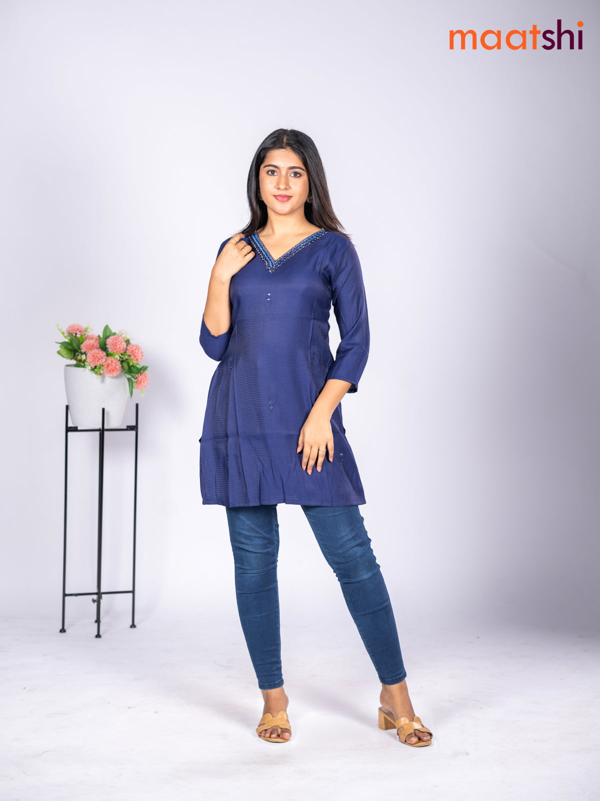 Rayon short kurti navy blue with mirror embroidery work v neck pattern without pant