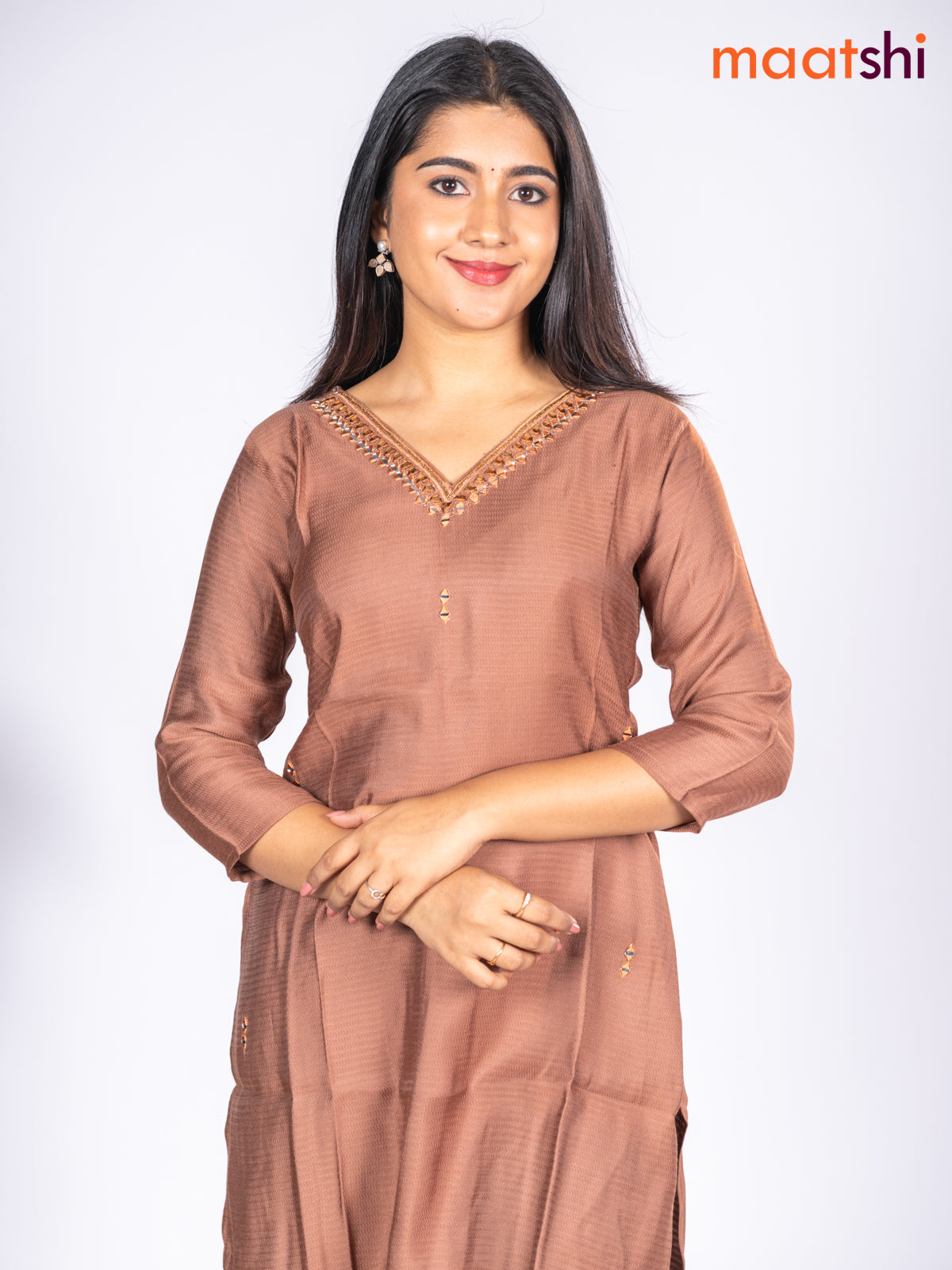 Rayon short kurti pastel brown with mirror embroidery work v neck pattern without pant