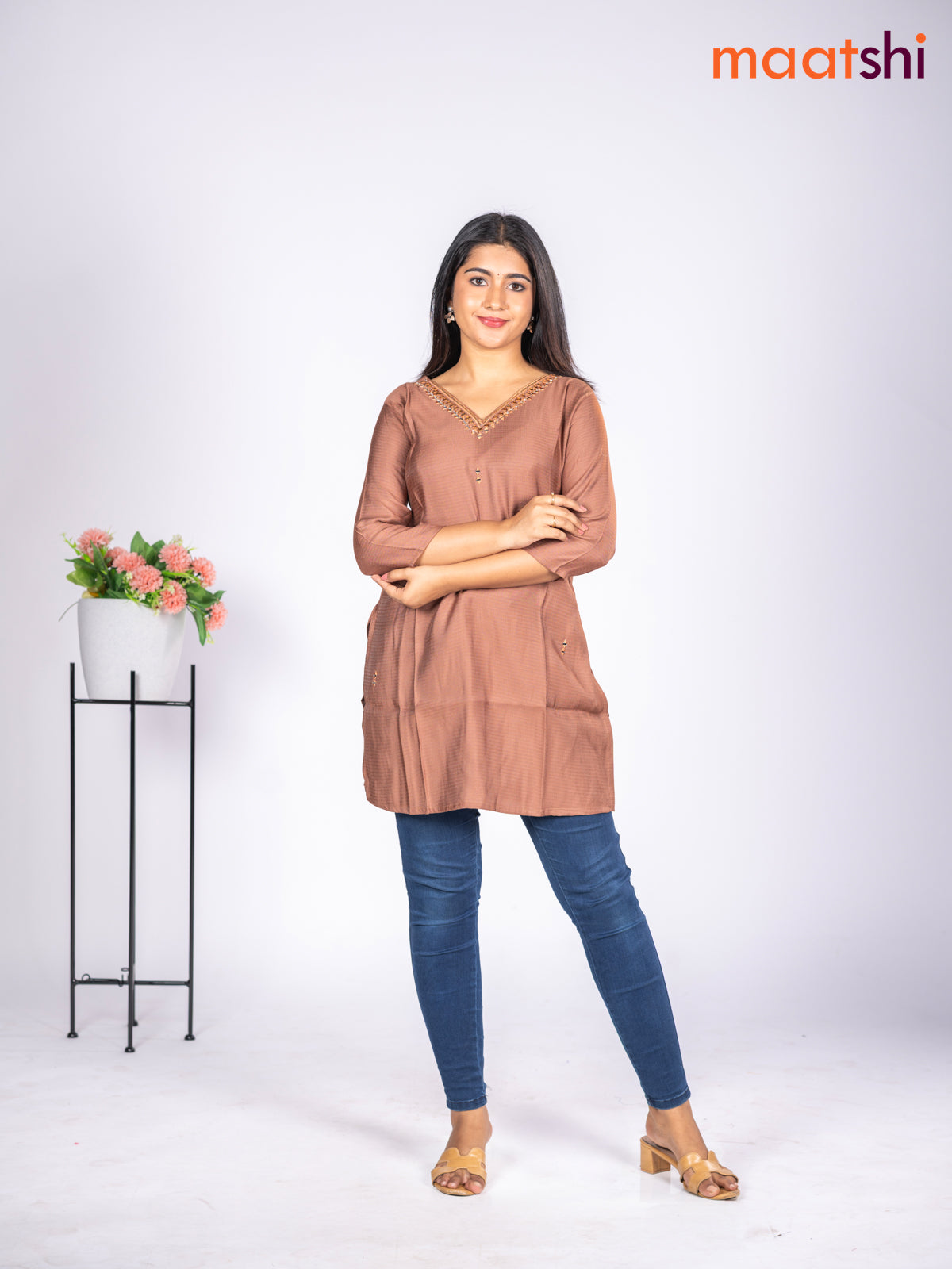 Rayon short kurti pastel brown with mirror embroidery work v neck pattern without pant