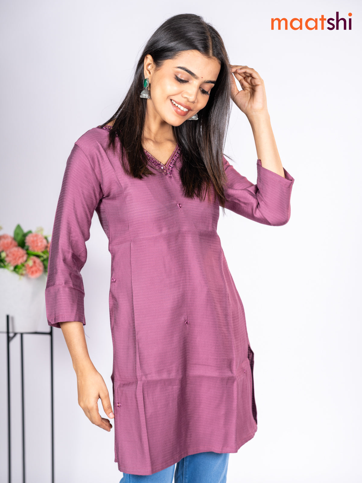 Rayon short kurti mauve pink with mirror embroidery work v neck pattern without pant