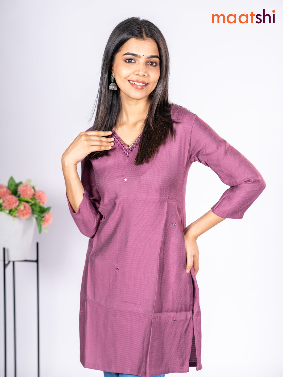 Rayon short kurti mauve pink with mirror embroidery work v neck pattern without pant
