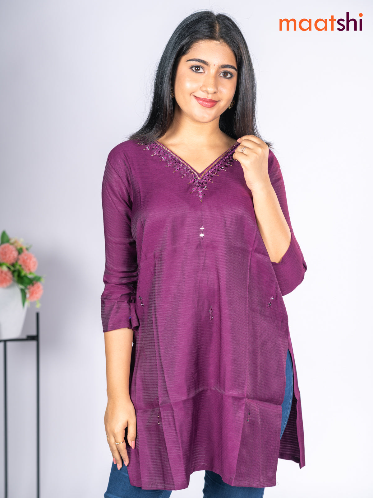 Rayon short kurti purple with mirror embroidery work v neck pattern without pant