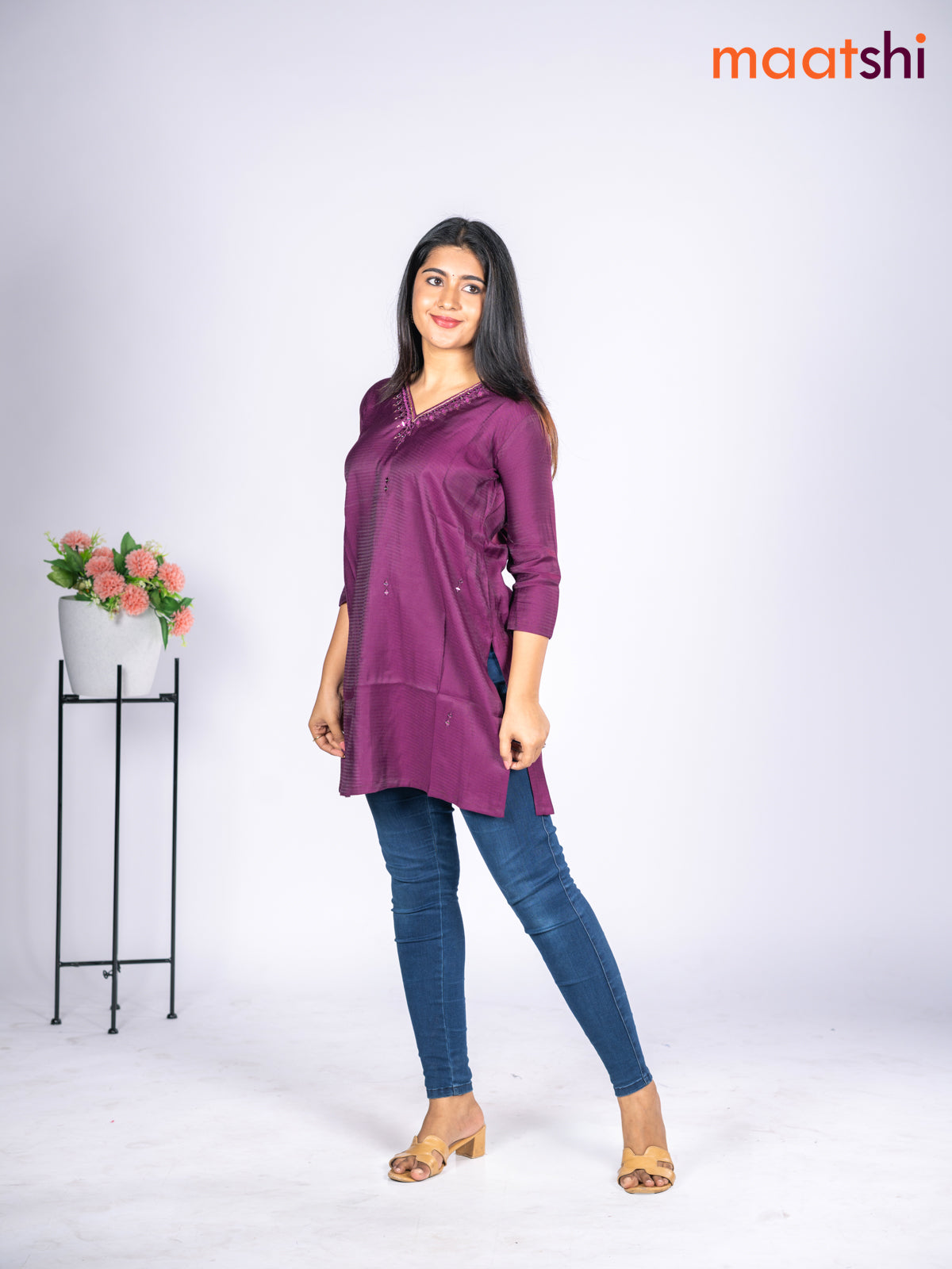Rayon short kurti purple with mirror embroidery work v neck pattern without pant