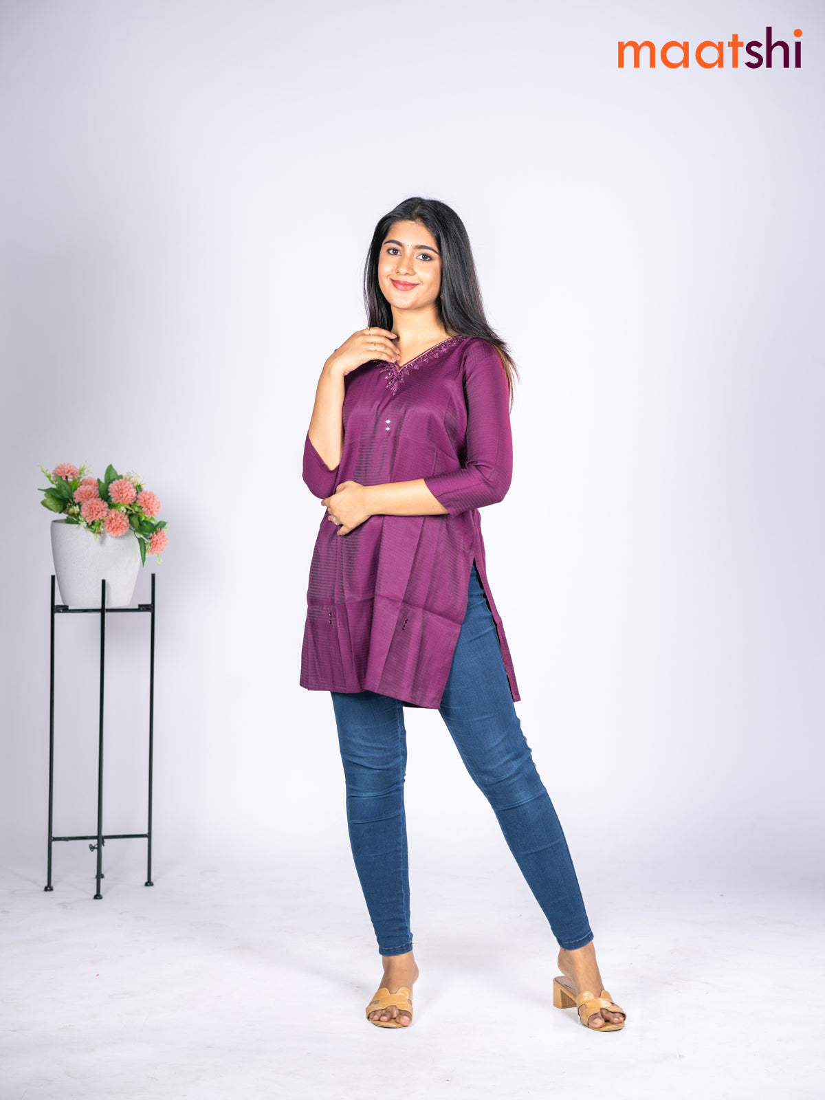 Rayon short kurti purple with mirror embroidery work v neck pattern without pant