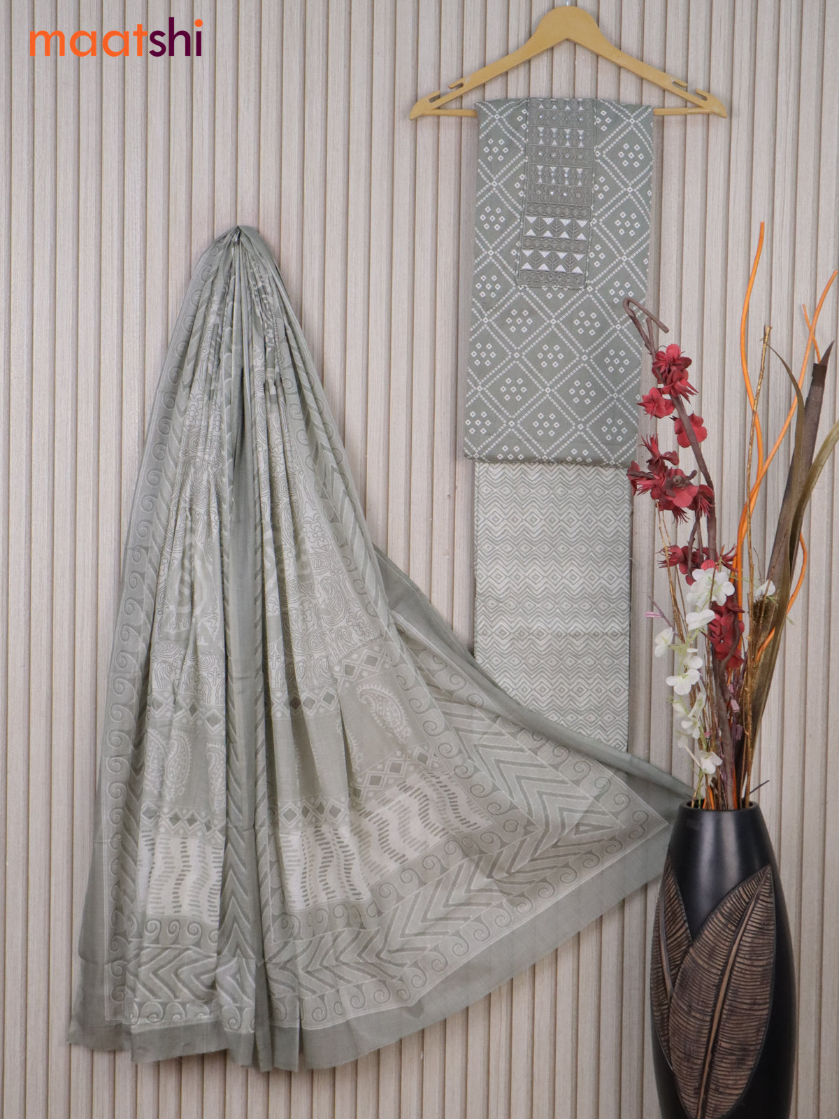 Cotton dress material grey and off white with allover bandhani