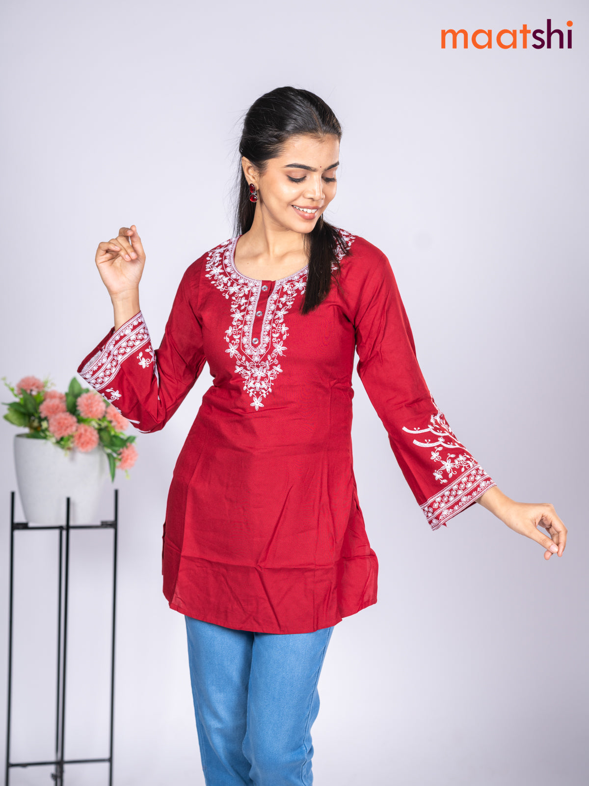 Rayon short kurti maroon with embroidery work neck pattern without pant