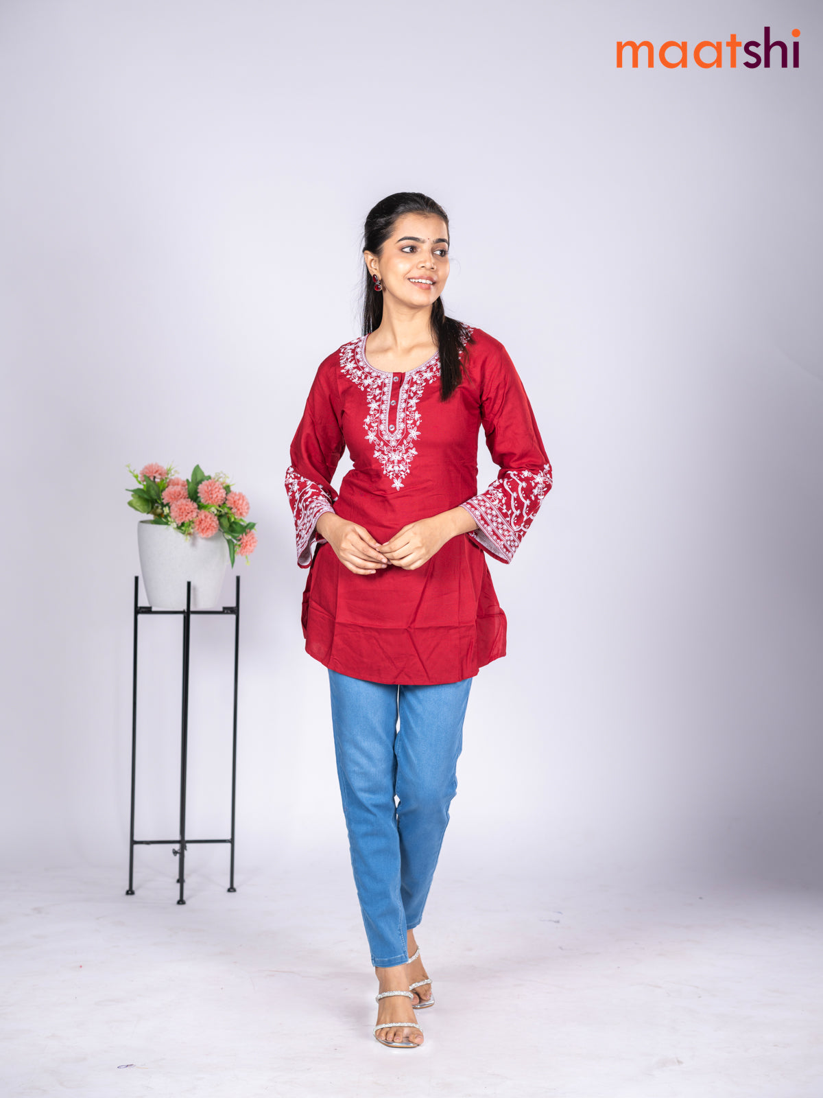 Rayon short kurti maroon with embroidery work neck pattern without pant