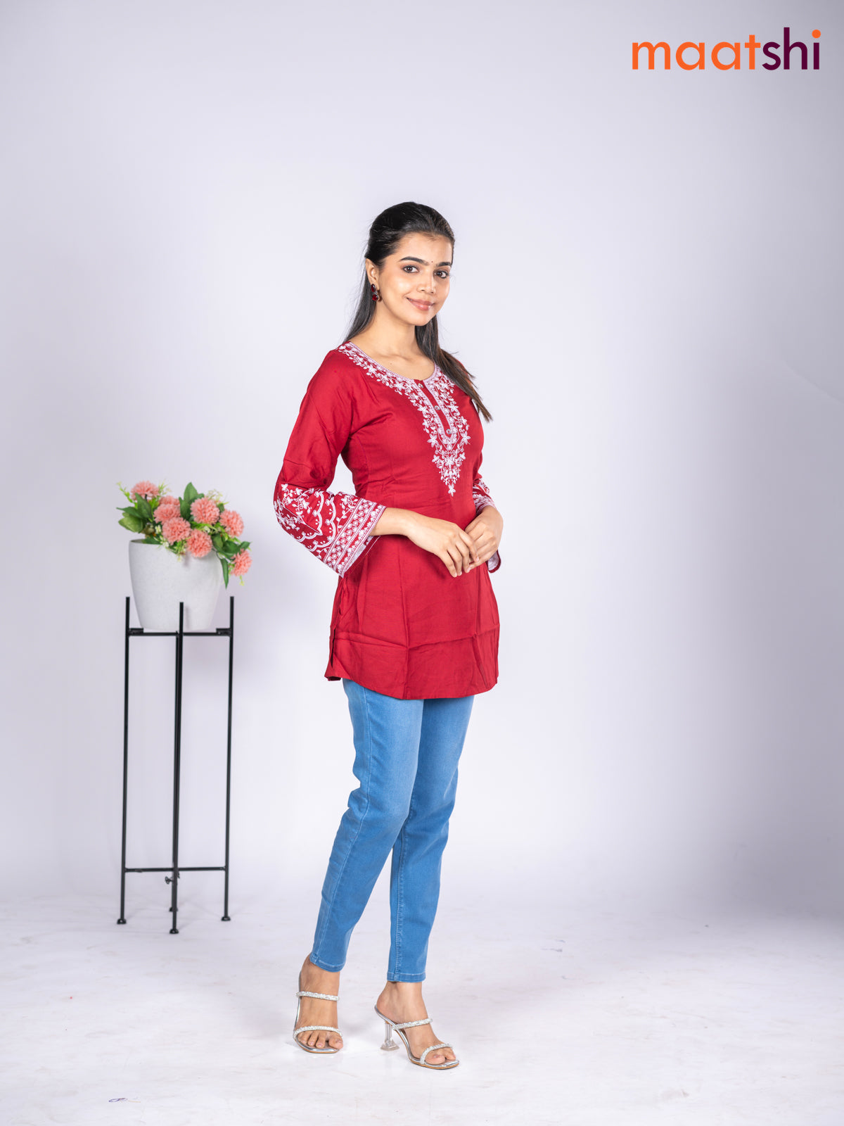 Rayon short kurti maroon with embroidery work neck pattern without pant