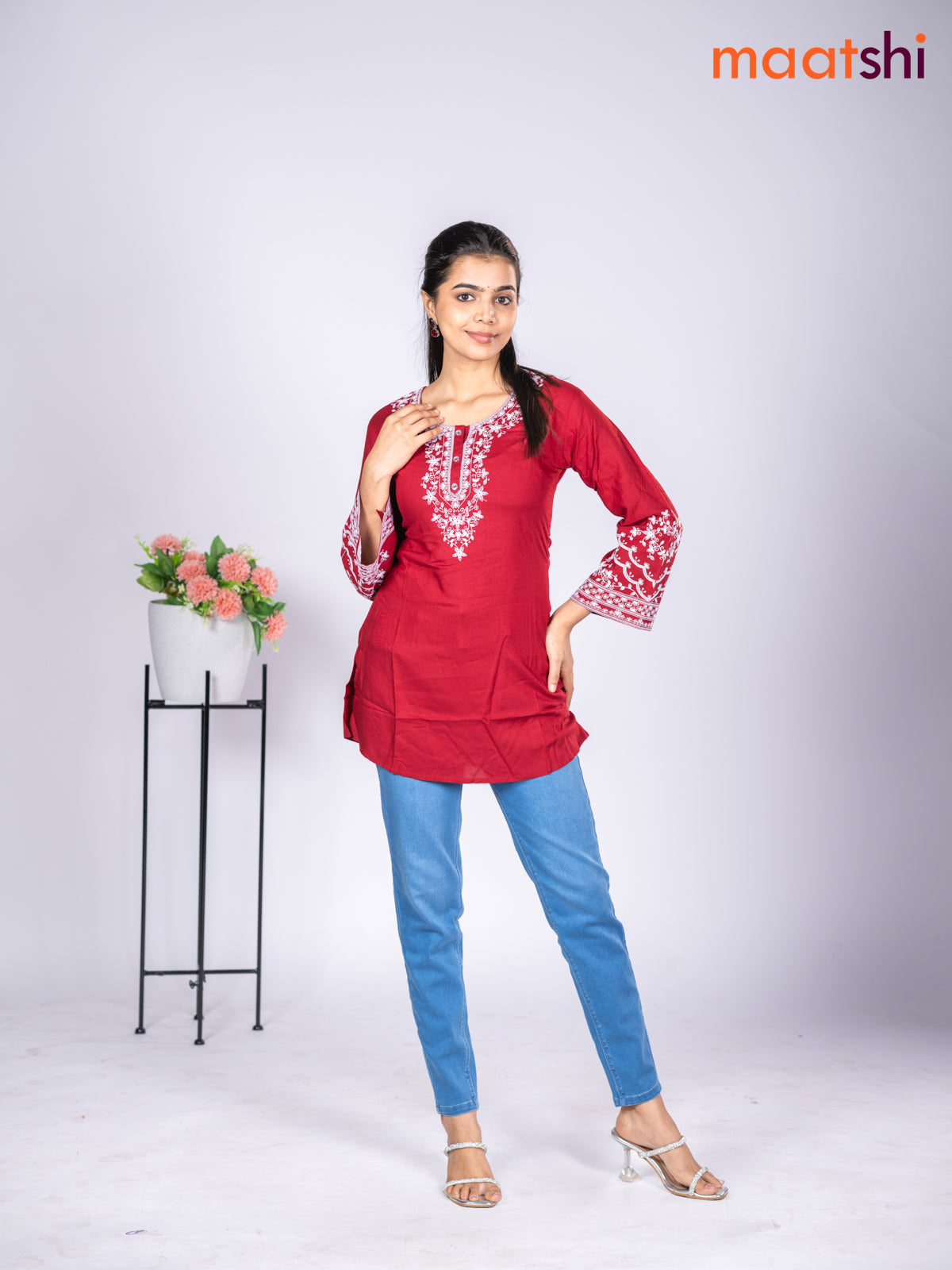 Rayon short kurti maroon with embroidery work neck pattern without pant