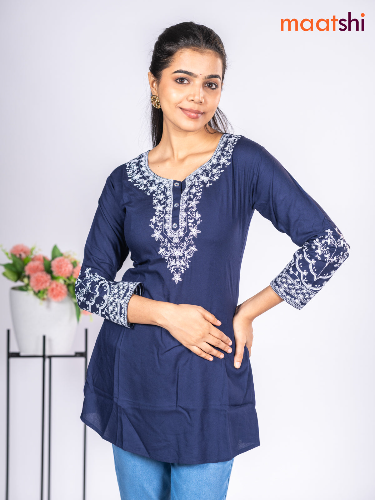 Rayon short kurti navy blue with embroidery work neck pattern without pant