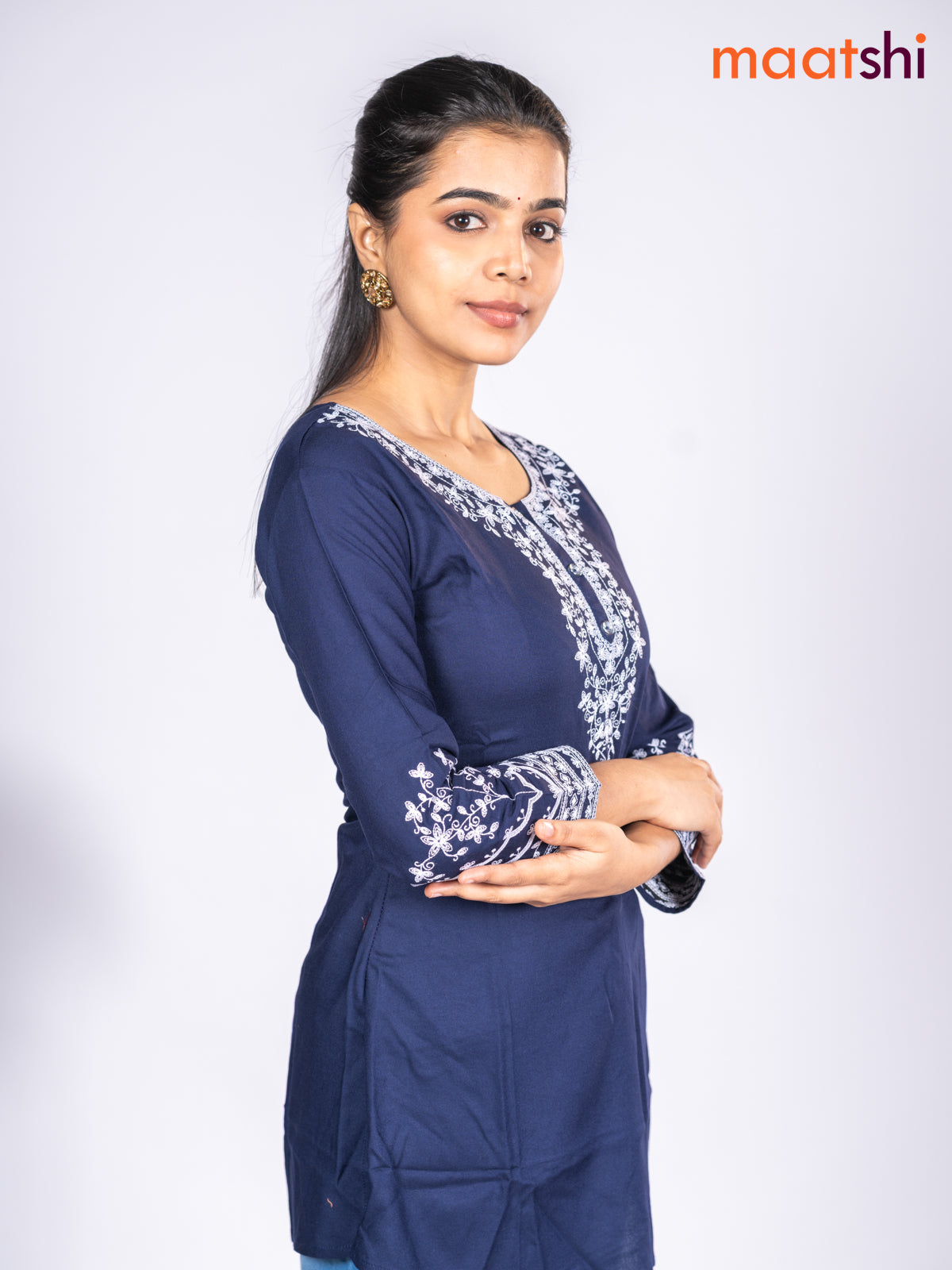 Rayon short kurti navy blue with embroidery work neck pattern without pant