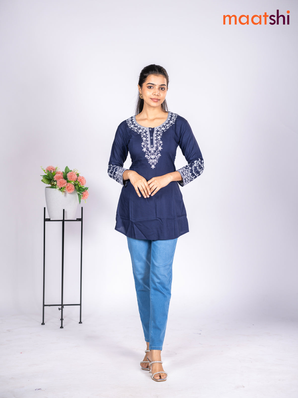 Rayon short kurti navy blue with embroidery work neck pattern without pant